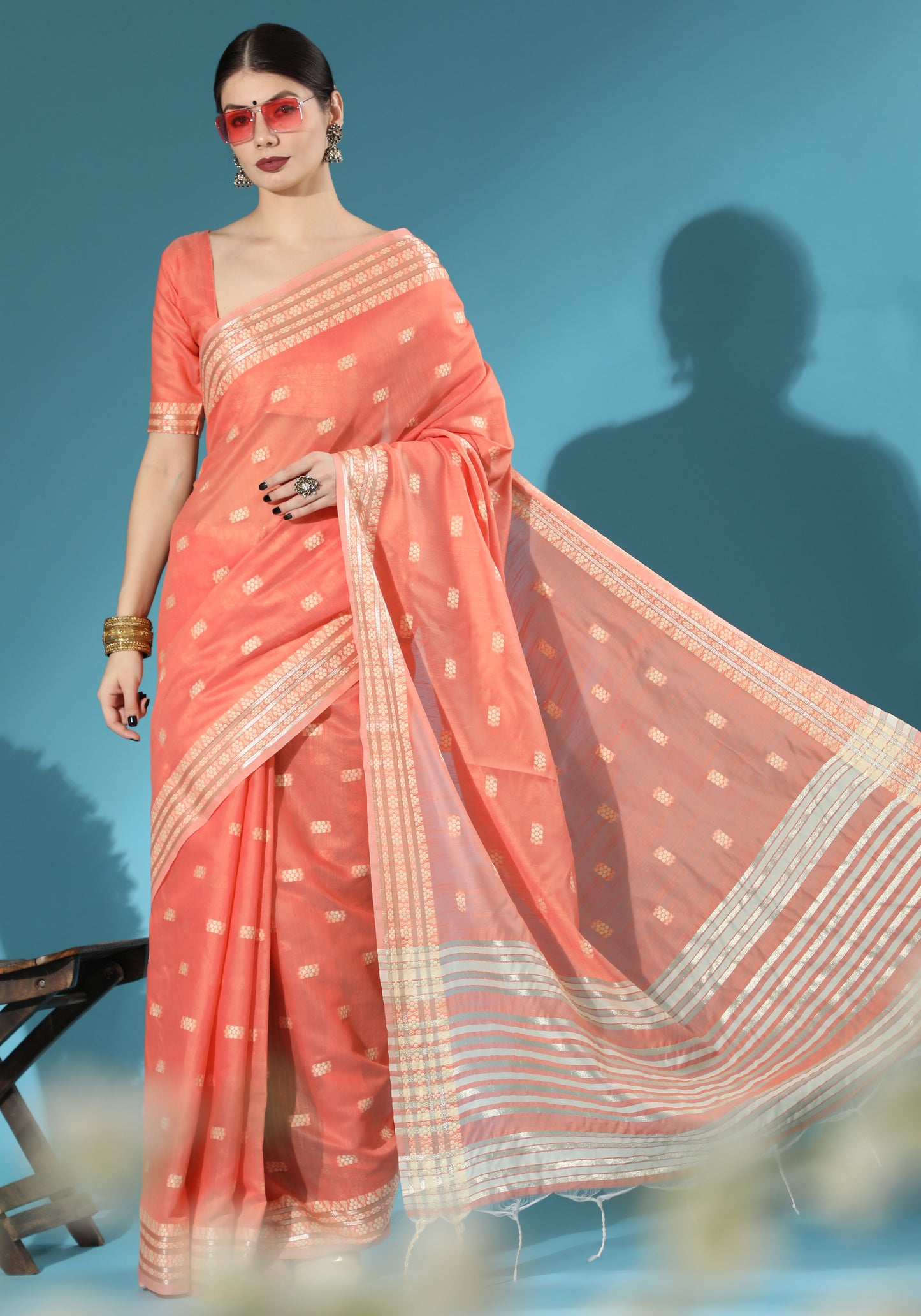 Vishnu Weaves Women's Orange Lucknowi Cotton Chikankari Woven Saree with Blouse - Swadesiicart