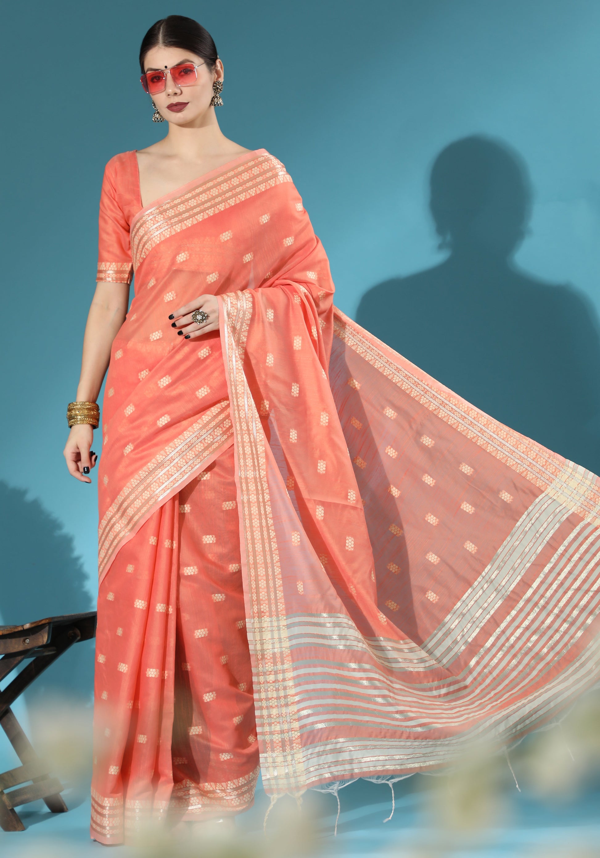 Vishnu Weaves Women's Orange Lucknowi Cotton Chikankari Woven Saree with Blouse - Swadesiicart