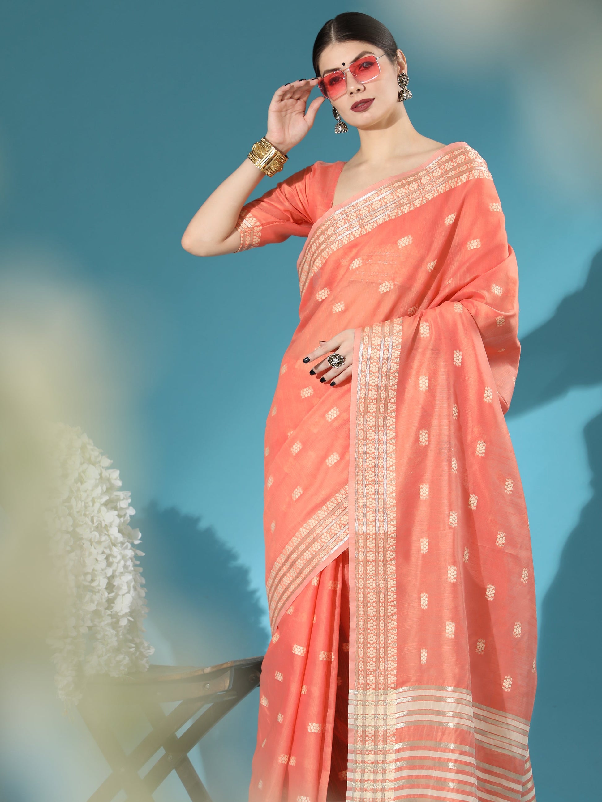 Vishnu Weaves Women's Orange Lucknowi Cotton Chikankari Woven Saree with Blouse - Swadesiicart