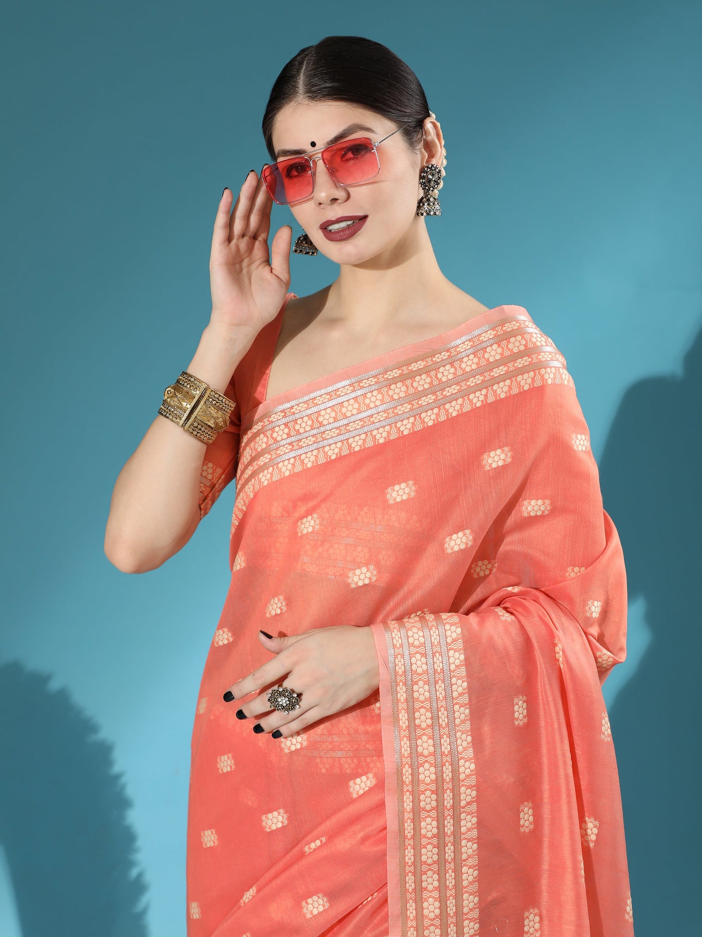 Vishnu Weaves Women's Orange Lucknowi Cotton Chikankari Woven Saree with Blouse - Swadesiicart