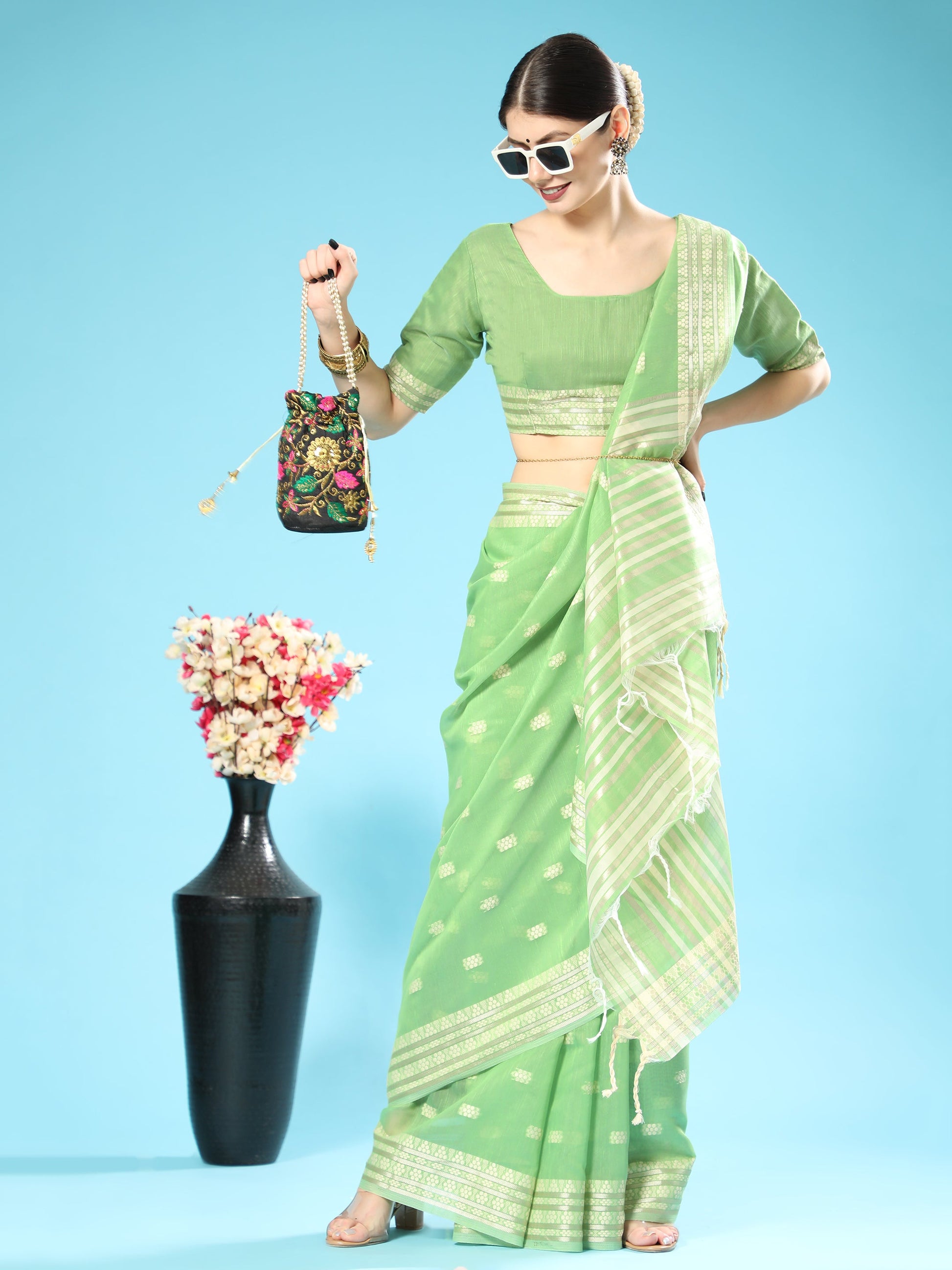 Vishnu Weaves Women's Pista Lucknowi Cotton Chikankari Woven Saree with Blouse - Swadesiicart