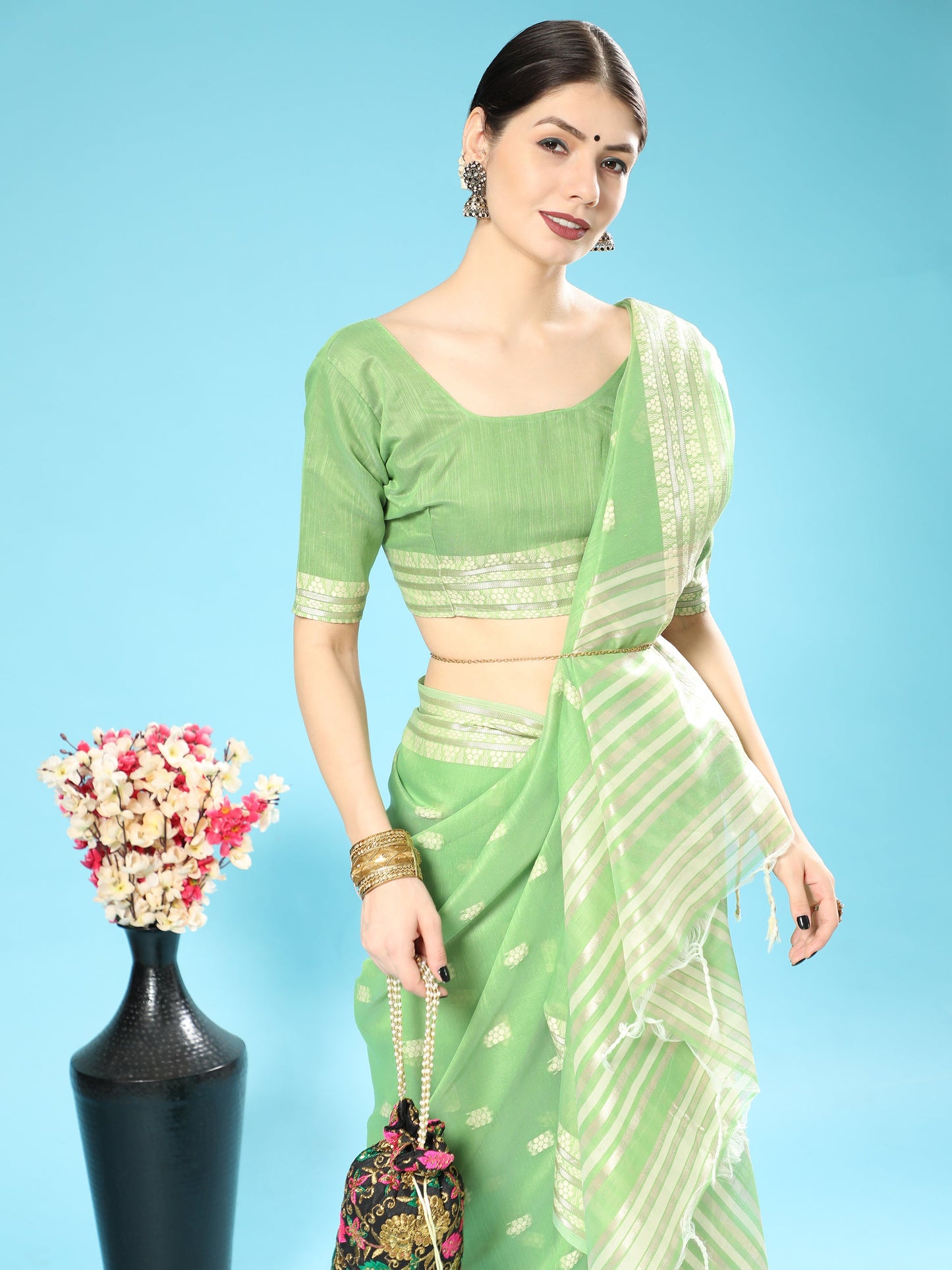 Vishnu Weaves Women's Pista Lucknowi Cotton Chikankari Woven Saree with Blouse - Swadesiicart