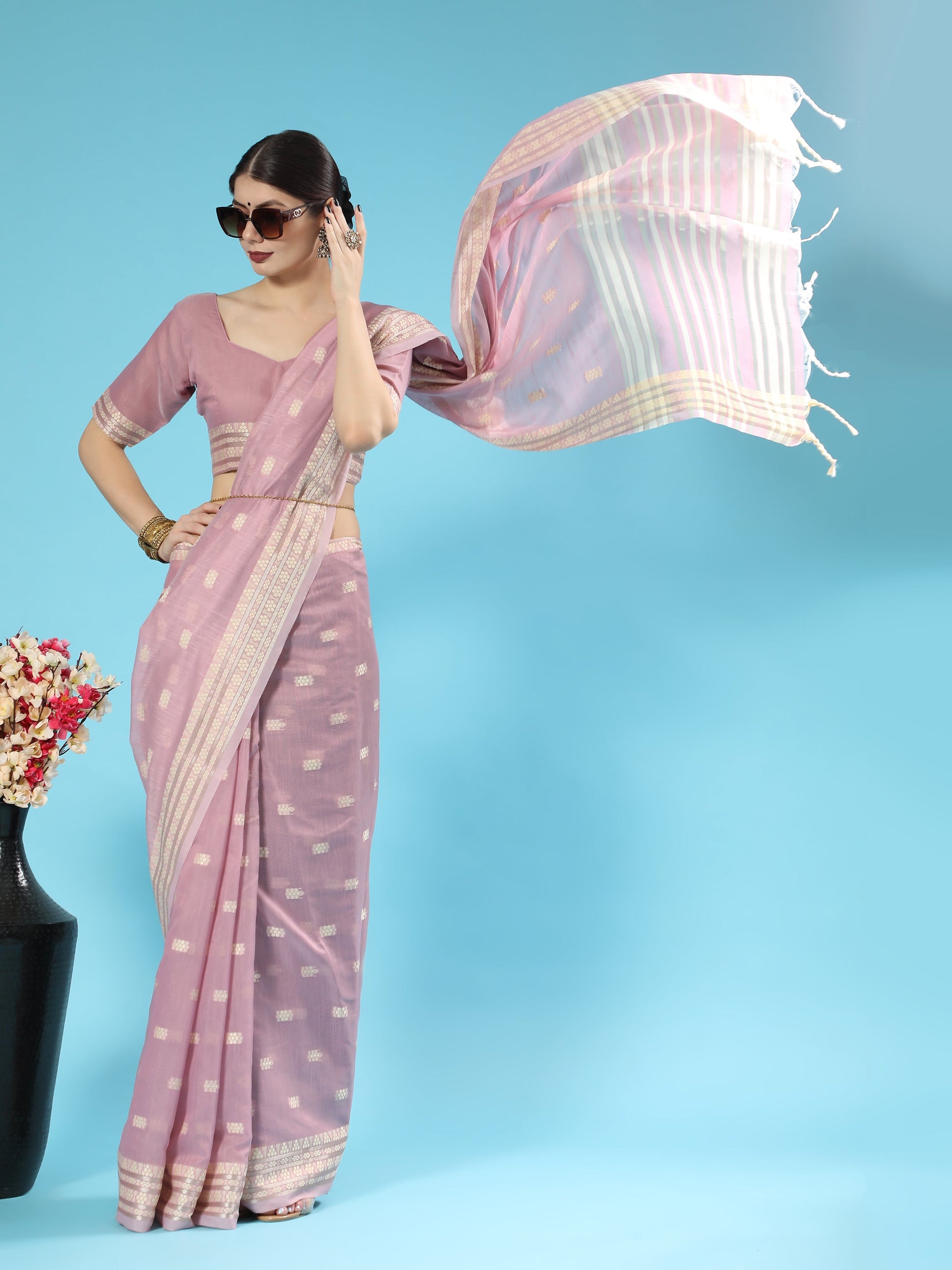 Vishnu Weaves Women's Purple Lucknowi Cotton Chikankari Woven Saree with Blouse - Swadesiicart