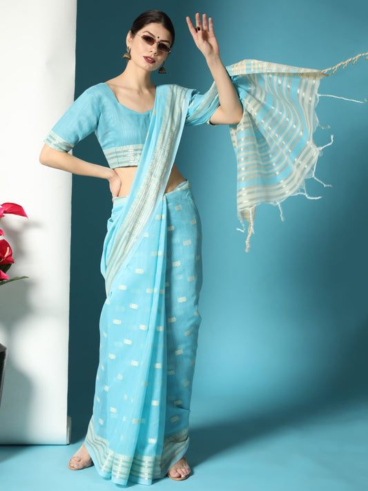 Vishnu Weaves Women's Sky Blue Lucknowi Cotton Chikankari Woven Saree with Blouse - Swadesiicart