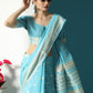 Vishnu Weaves Women's Sky Blue Lucknowi Cotton Chikankari Woven Saree with Blouse - Swadesiicart