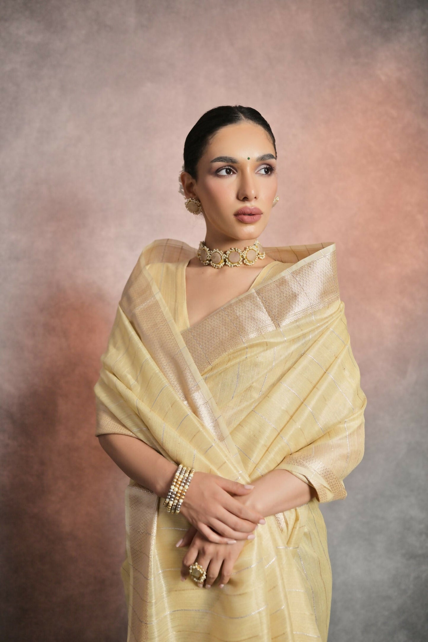 Vishnu Weaves Women's Yellow Tissue Linen Zari Woven Saree with Blouse - Swadesiicart