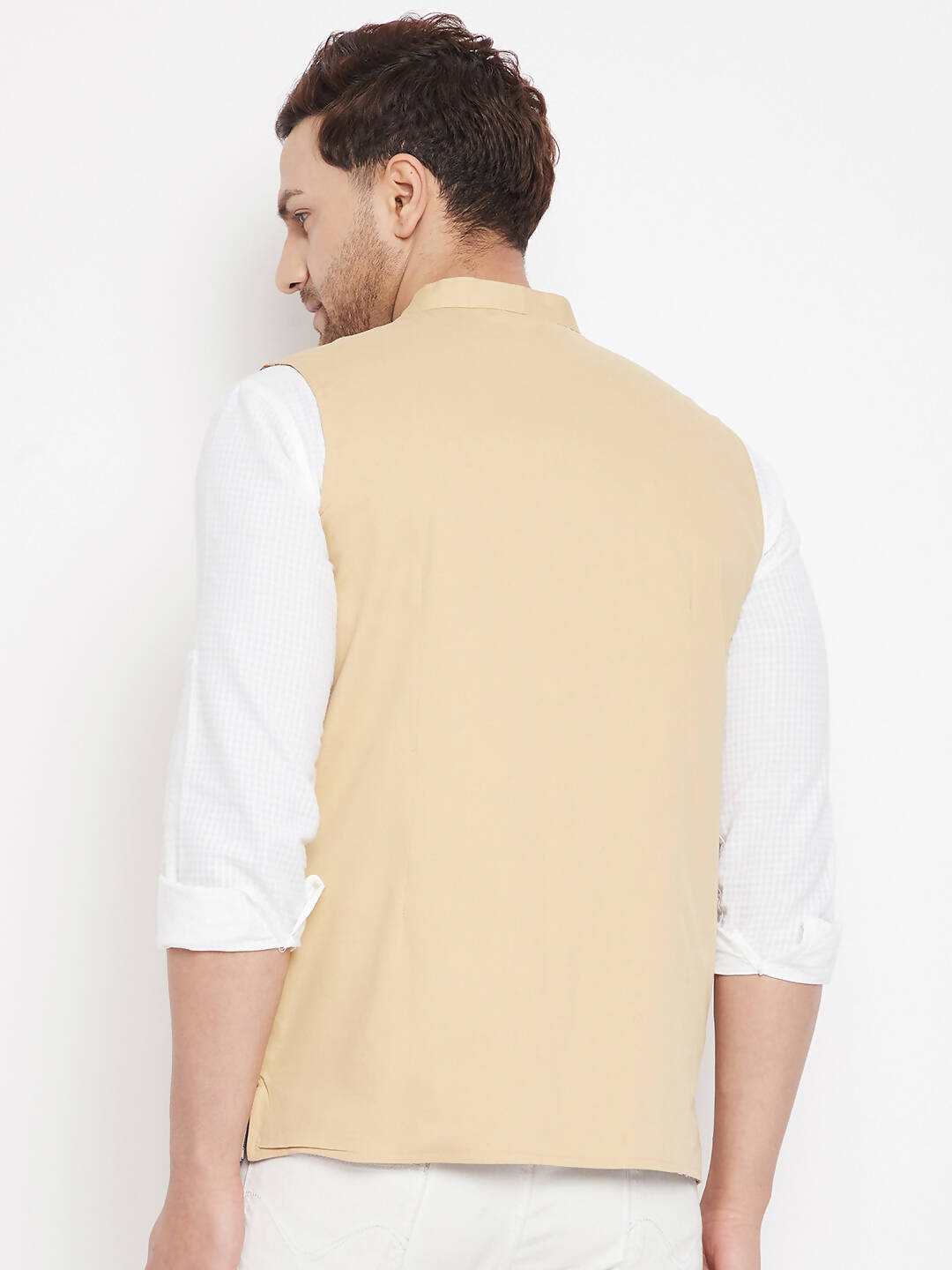 Even Apparels Beige Polyester Men's Nehru Jacket-Contrast Lining-Inbuilt Pocket Square | Swadesiicart