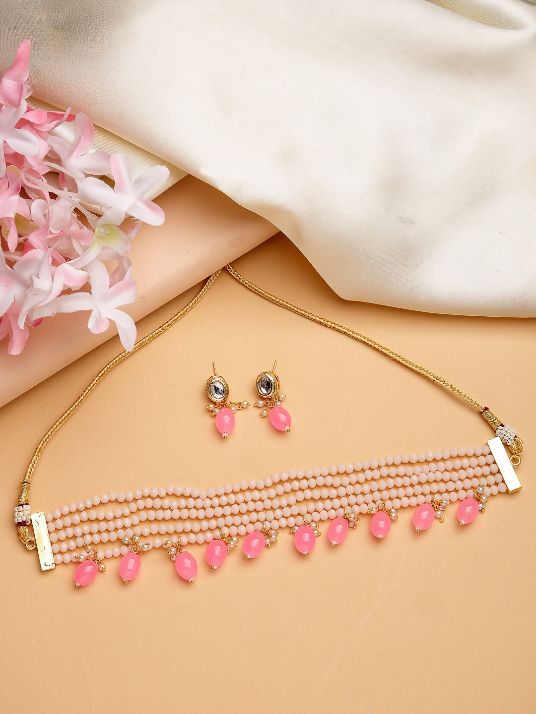 NVR Women's Pink Artificial Beads Layered Necklace with Drop Earring - Swadesiicart