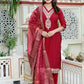 Miravan Women's Embroidered Pure Silk Red Kurta with Palazzo and Dupatta - Swadesiicart
