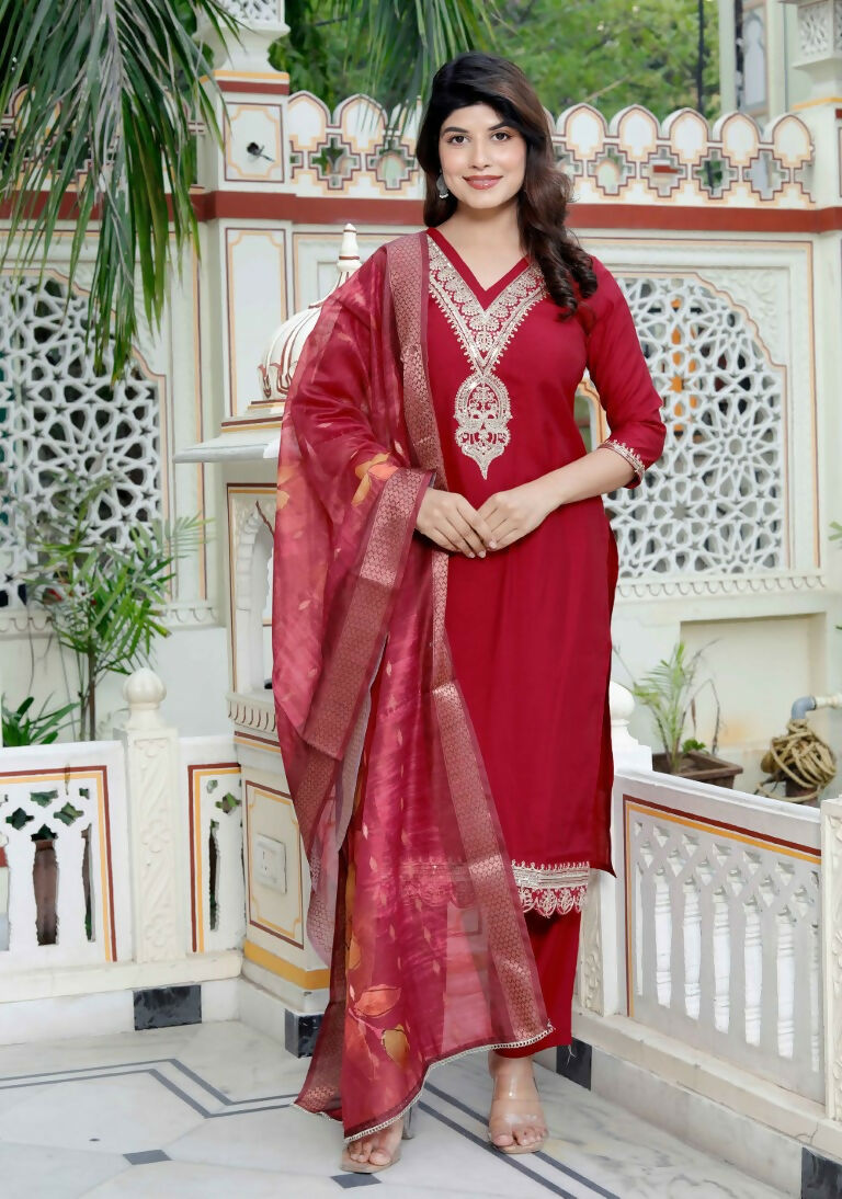 Miravan Women's Embroidered Pure Silk Red Kurta with Palazzo and Dupatta - Swadesiicart