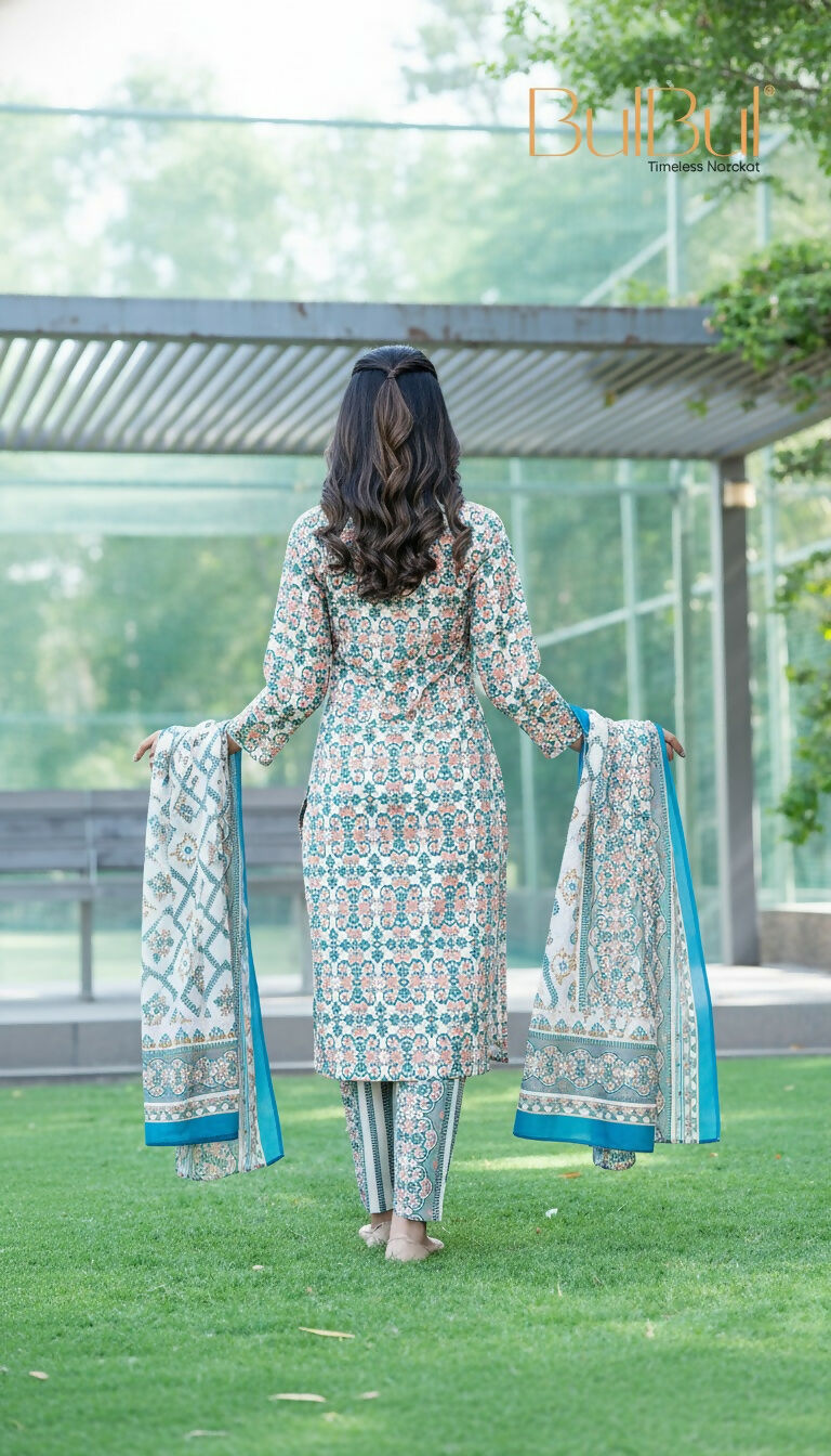 BulBul Fashionista Green-Blue Cotton Kurta Set with Dupatta - Swadesiicart