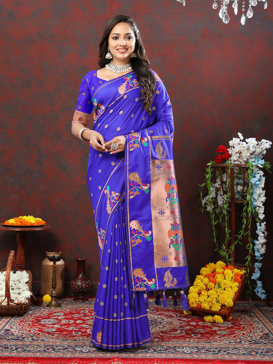 Lorenvalley Fashion Blue Soft Paithani Silk Woven Design Copper Zari Meenakari Weaving Saree - Swadesiicart