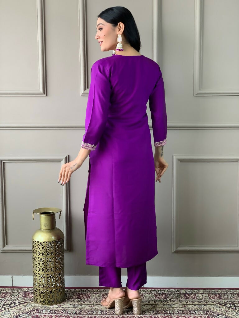 Partywear Designer Viscose Chanderi Wine Stitched Suit With Dupatta - Tanisha | Swadesiicart