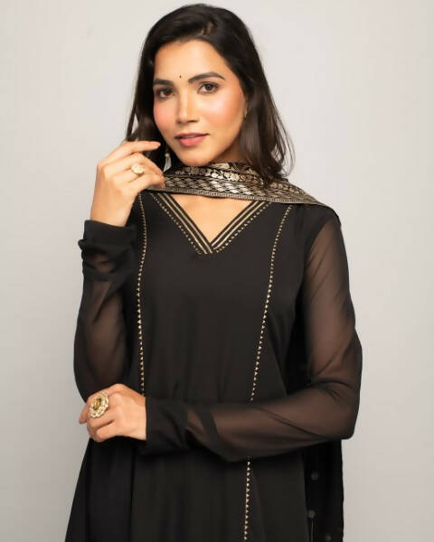 FIORRA Women's Black Creap A-Line Kurta Pant With Dupatta - Swadesiicart
