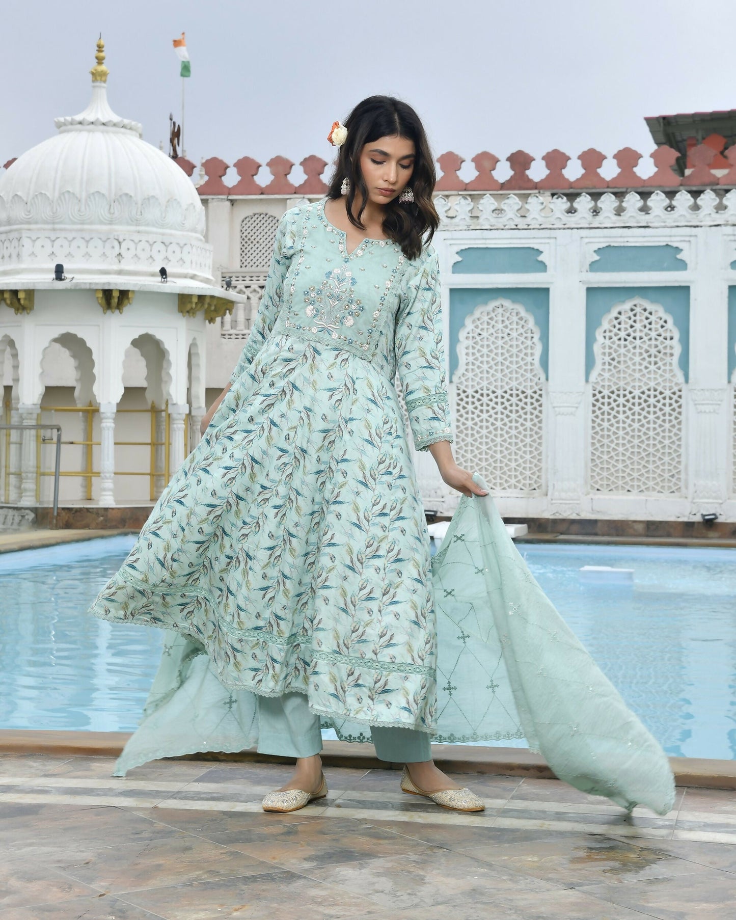Vaasva Women's Sky Blue Cotton Anarkali Set With Solid Pant And Embroidered Dupatta | Swadesiicart