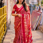 Red Cotton Blend Ethnic Motifs Saree with Unstitched Blouse - Hiral Fashion | Swadesiicart