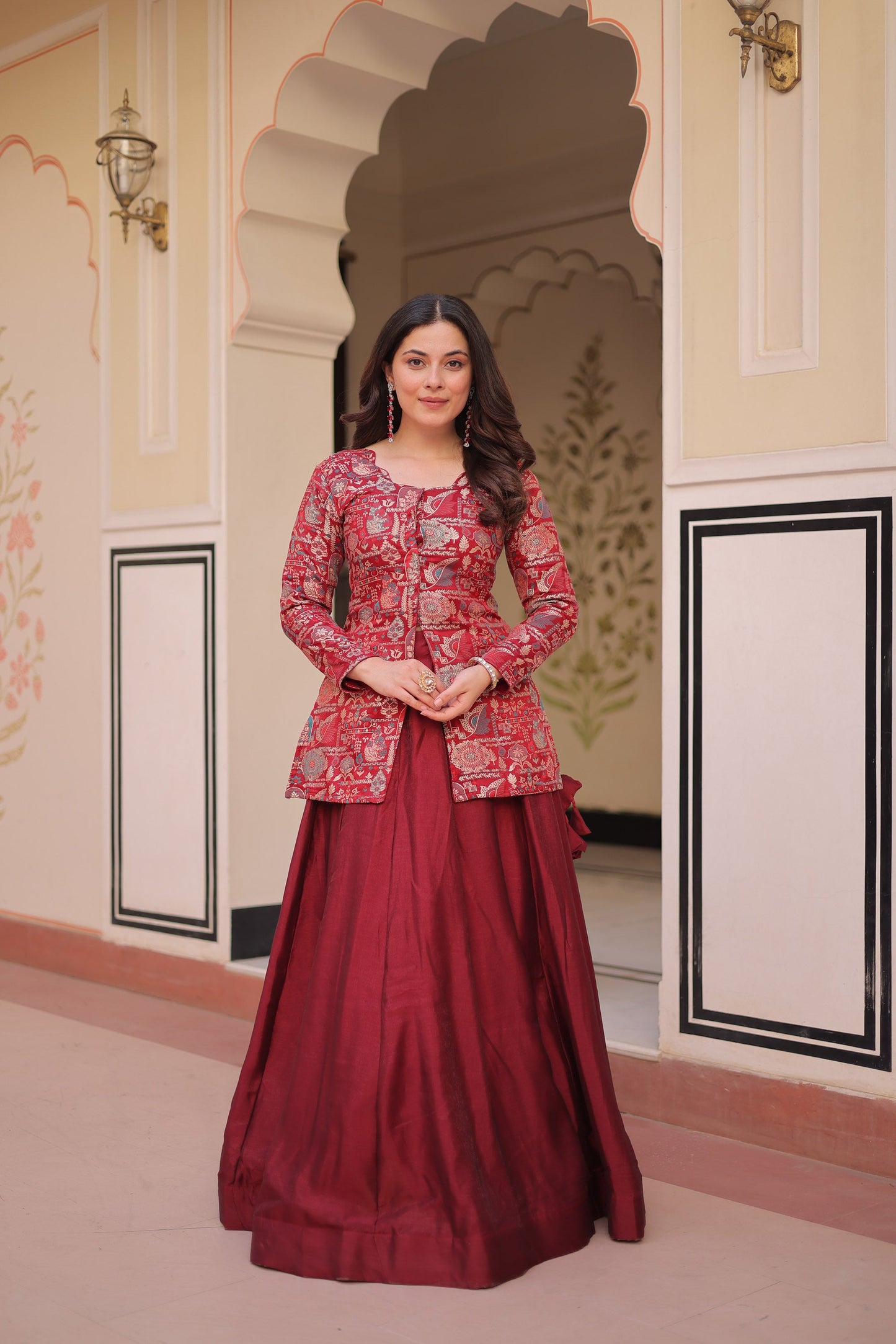 Lorenvalley Fashion Maroon Pure Simmer Vichitra Kali Pattern with Canvas Patta Lehenga Choli | Swadesiicart
