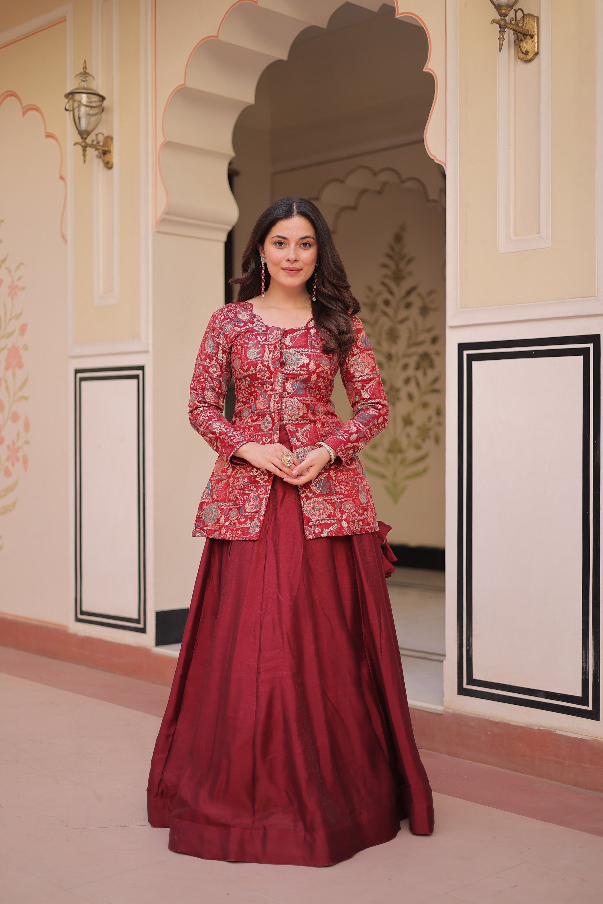 Lorenvalley Fashion Maroon Pure Simmer Vichitra Kali Pattern with Canvas Patta Lehenga Choli | Swadesiicart