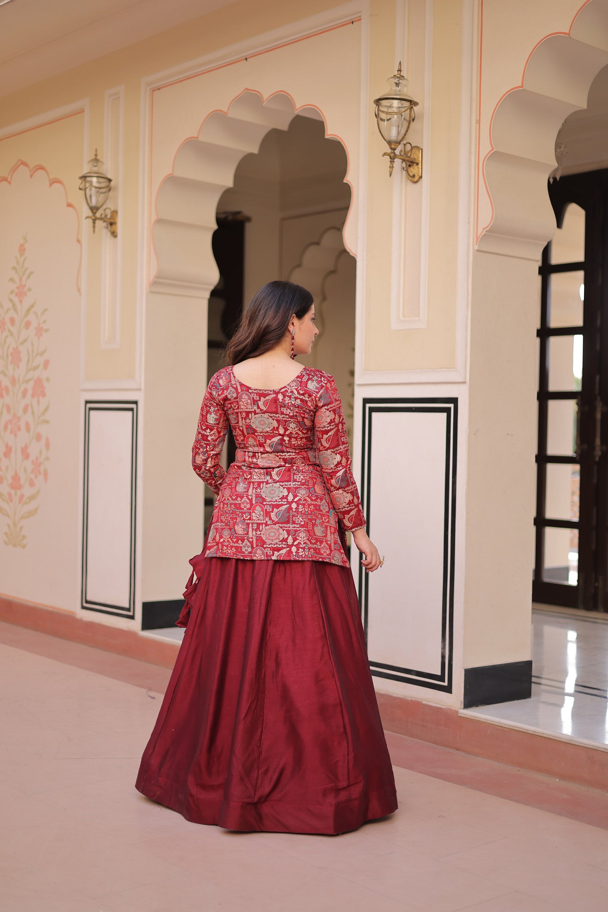 Lorenvalley Fashion Maroon Pure Simmer Vichitra Kali Pattern with Canvas Patta Lehenga Choli | Swadesiicart