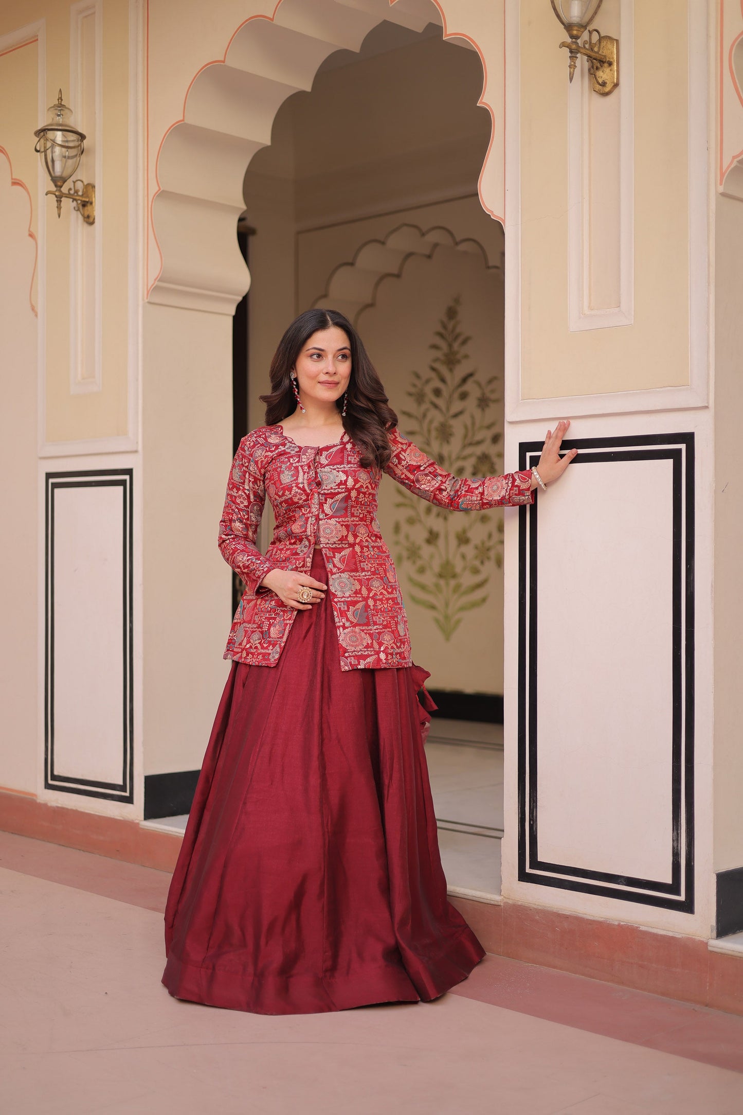 Lorenvalley Fashion Maroon Pure Simmer Vichitra Kali Pattern with Canvas Patta Lehenga Choli | Swadesiicart
