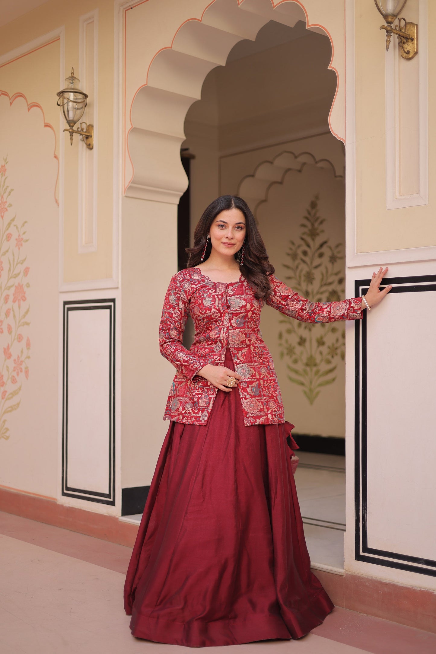 Lorenvalley Fashion Maroon Pure Simmer Vichitra Kali Pattern with Canvas Patta Lehenga Choli | Swadesiicart