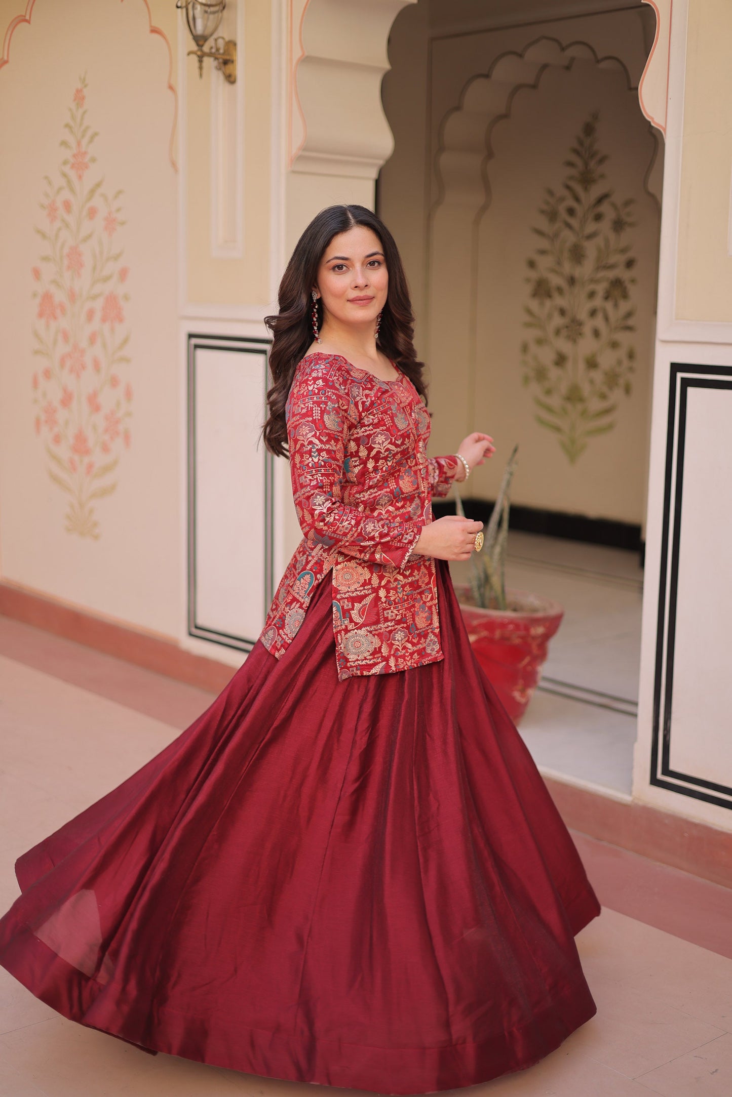 Lorenvalley Fashion Maroon Pure Simmer Vichitra Kali Pattern with Canvas Patta Lehenga Choli | Swadesiicart