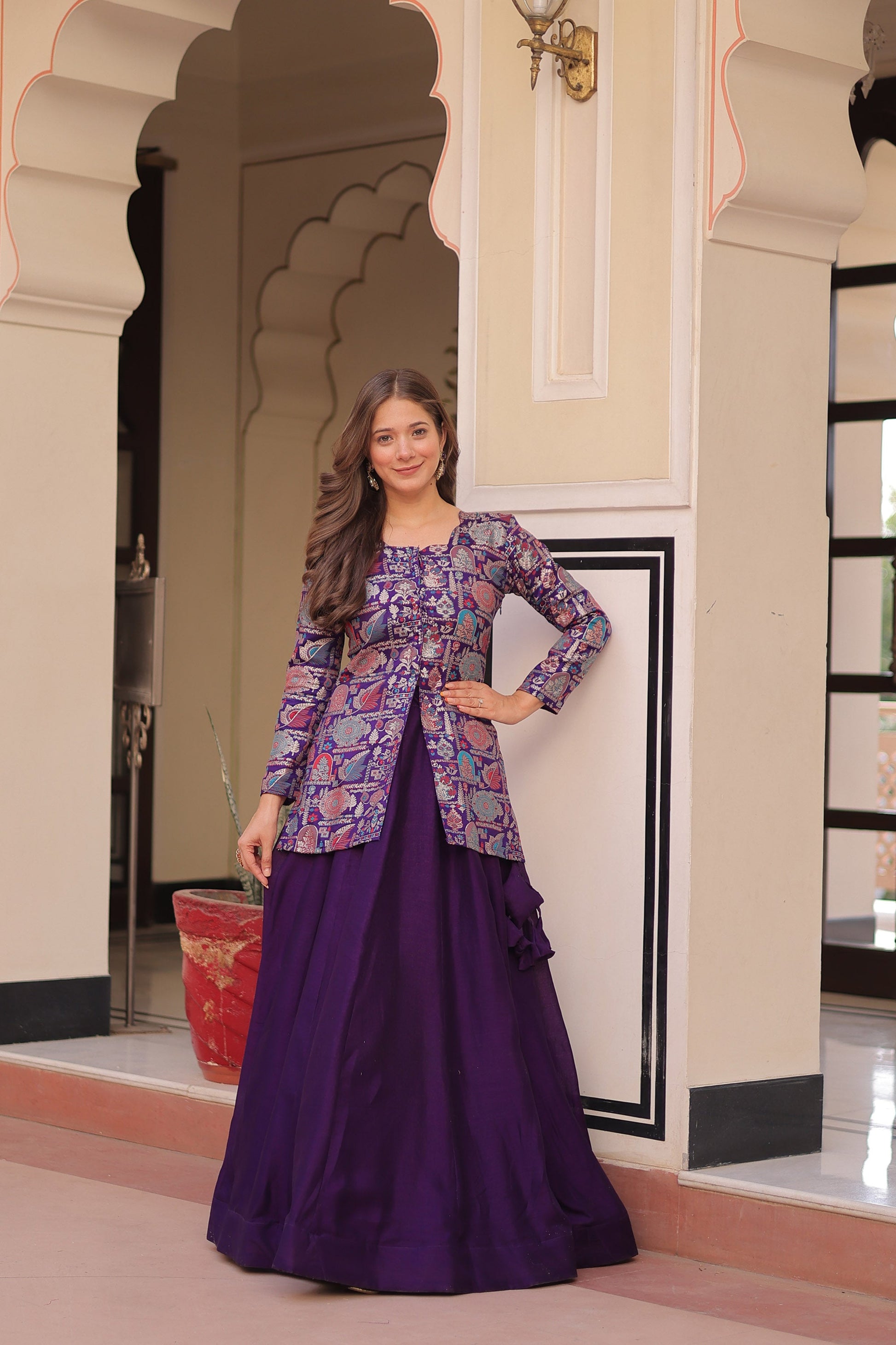 Lorenvalley Fashion Purple Pure Simmer Vichitra Kali Pattern with Canvas Patta Lehenga Choli | Swadesiicart