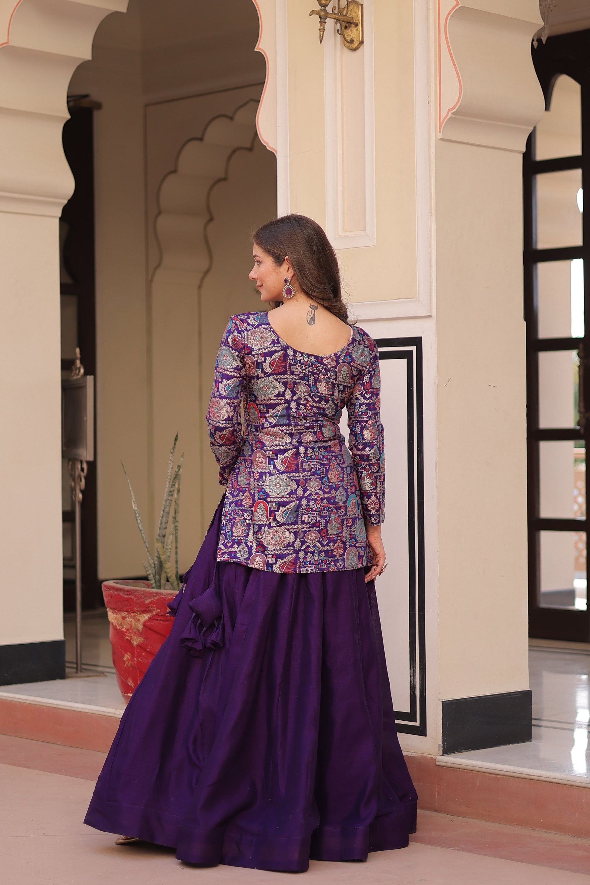 Lorenvalley Fashion Purple Pure Simmer Vichitra Kali Pattern with Canvas Patta Lehenga Choli | Swadesiicart