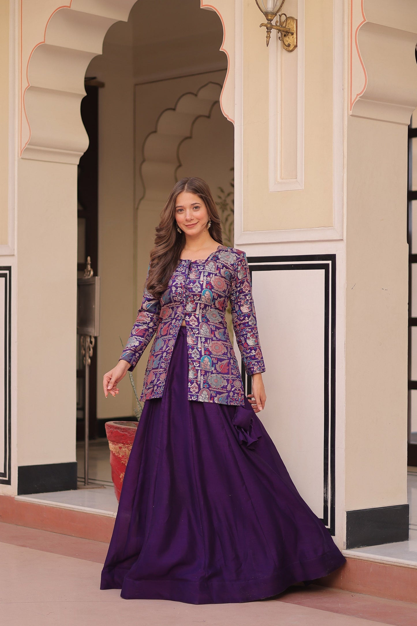 Lorenvalley Fashion Purple Pure Simmer Vichitra Kali Pattern with Canvas Patta Lehenga Choli | Swadesiicart