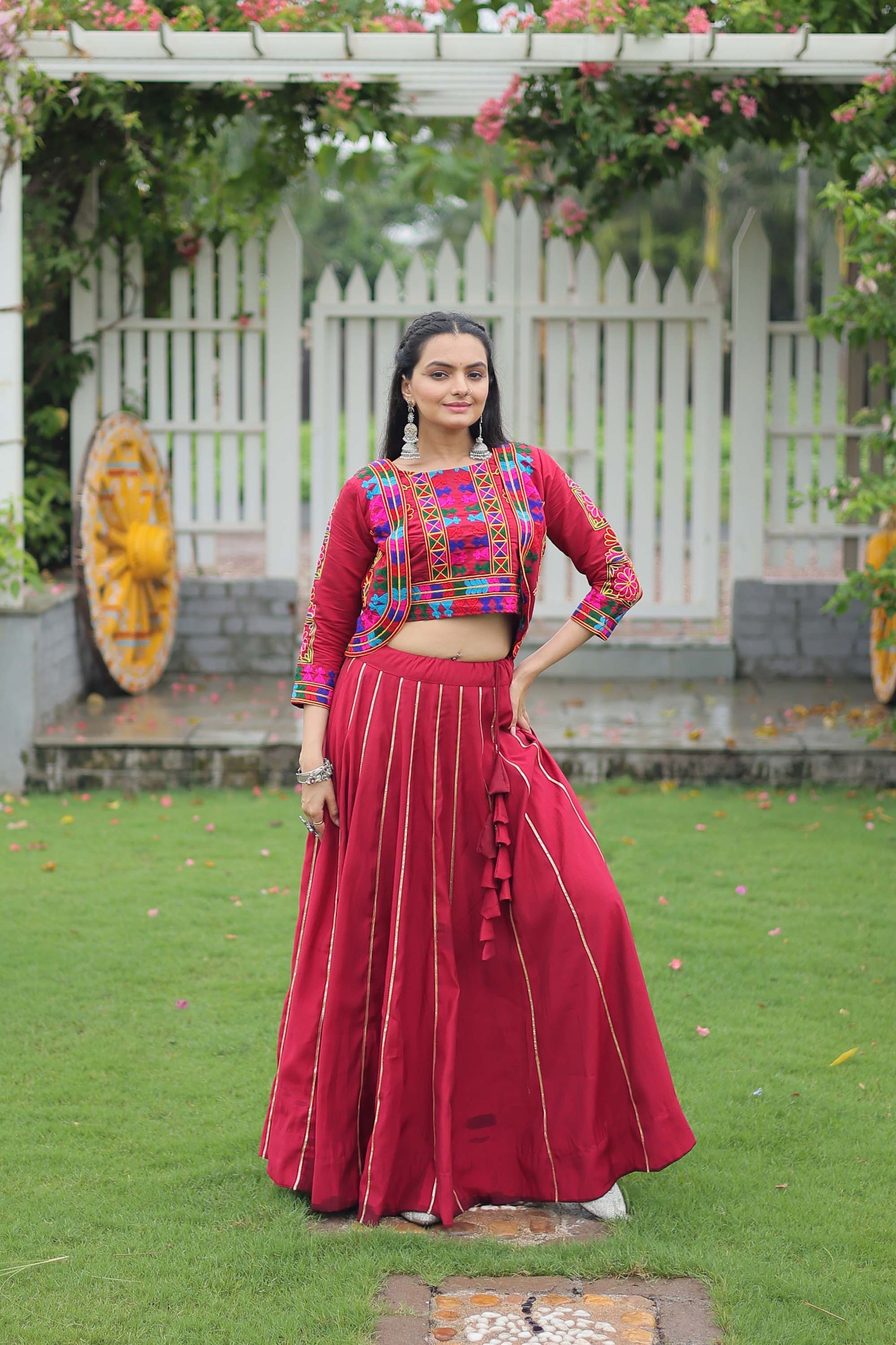 Lorenvalley Fashion Maroon Roman Silk with Attractive Gota-Patti Lace Lehenga Choli | Swadesiicart