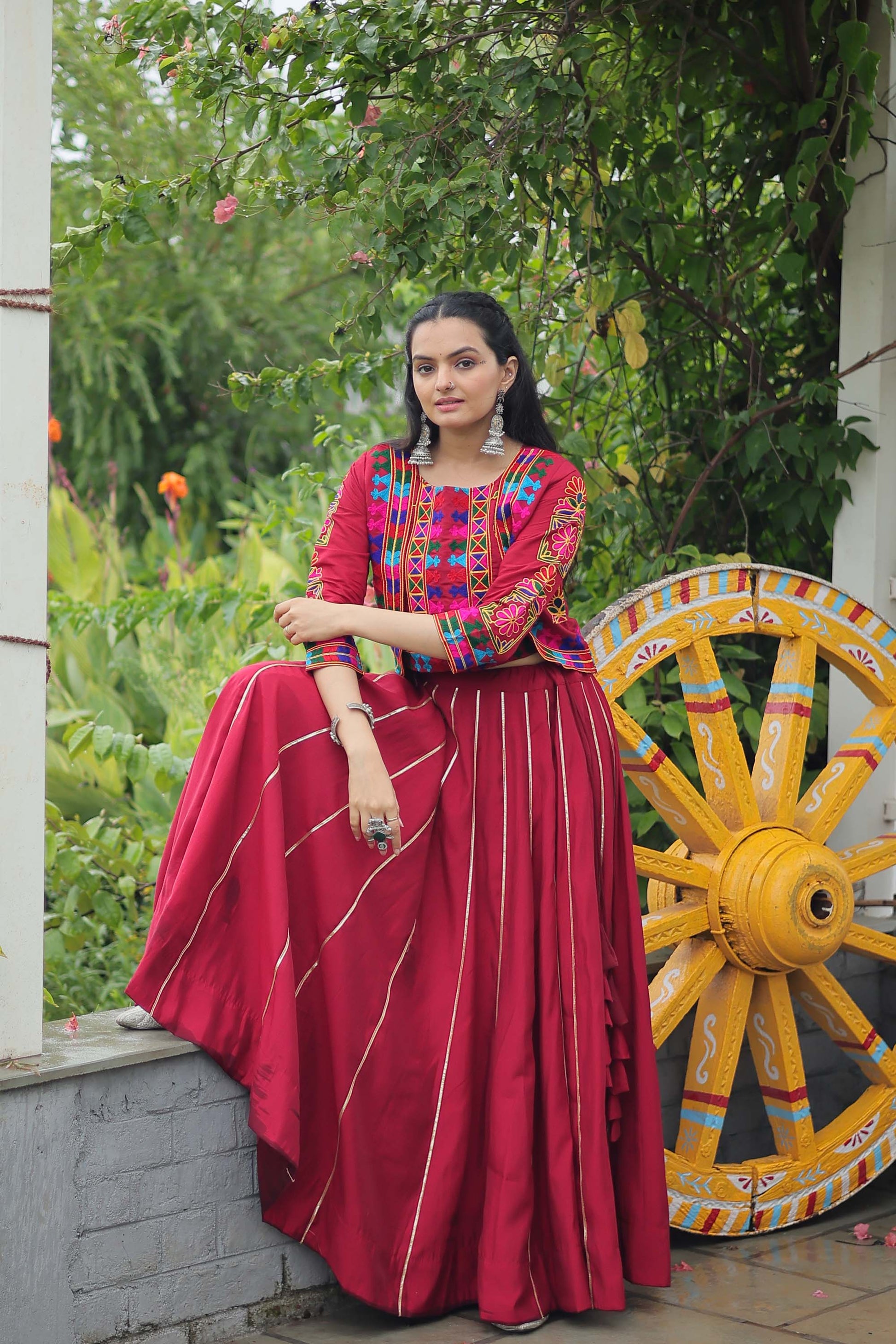 Lorenvalley Fashion Maroon Roman Silk with Attractive Gota-Patti Lace Lehenga Choli | Swadesiicart