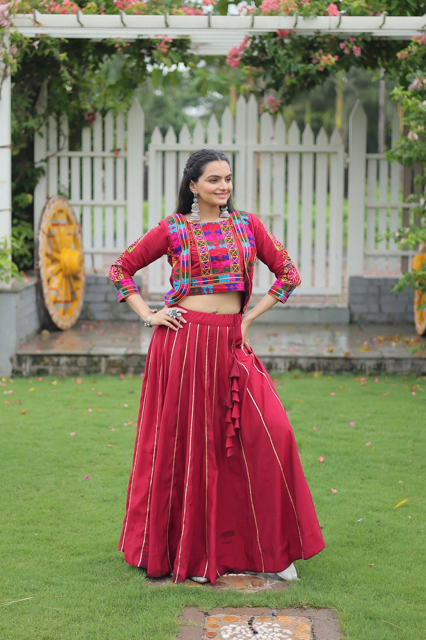 Lorenvalley Fashion Maroon Roman Silk with Attractive Gota-Patti Lace Lehenga Choli | Swadesiicart