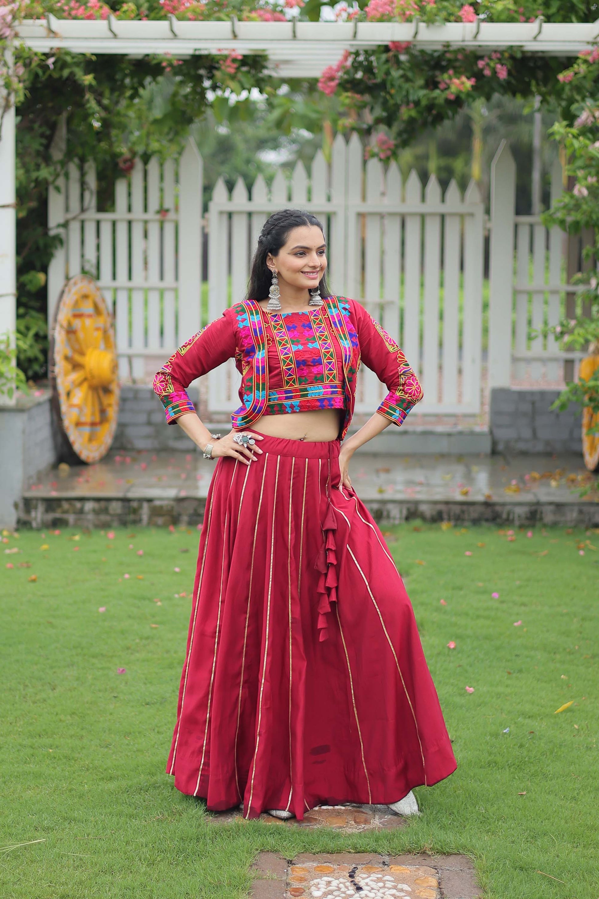 Lorenvalley Fashion Maroon Roman Silk with Attractive Gota-Patti Lace Lehenga Choli | Swadesiicart