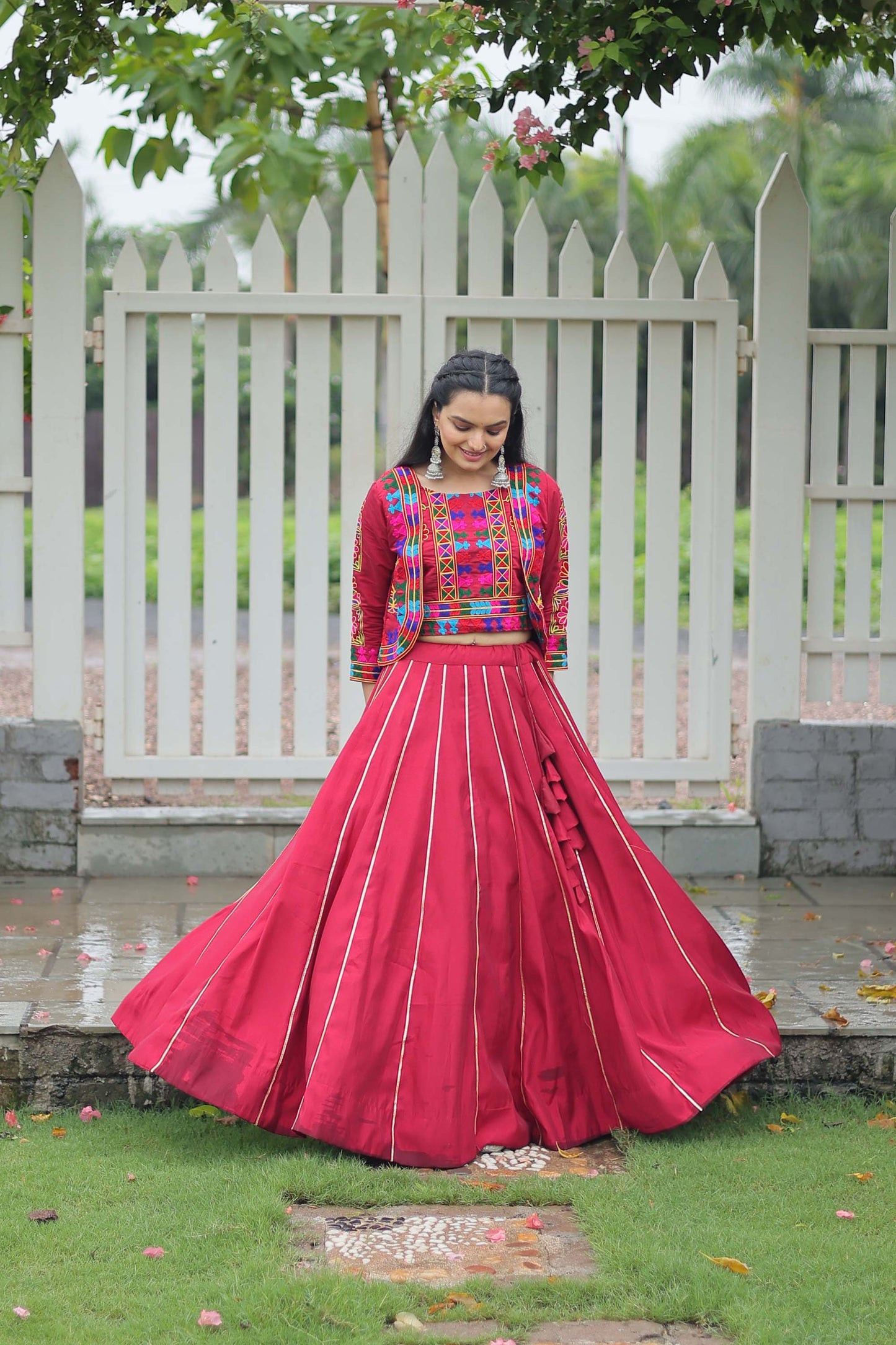 Lorenvalley Fashion Maroon Roman Silk with Attractive Gota-Patti Lace Lehenga Choli | Swadesiicart
