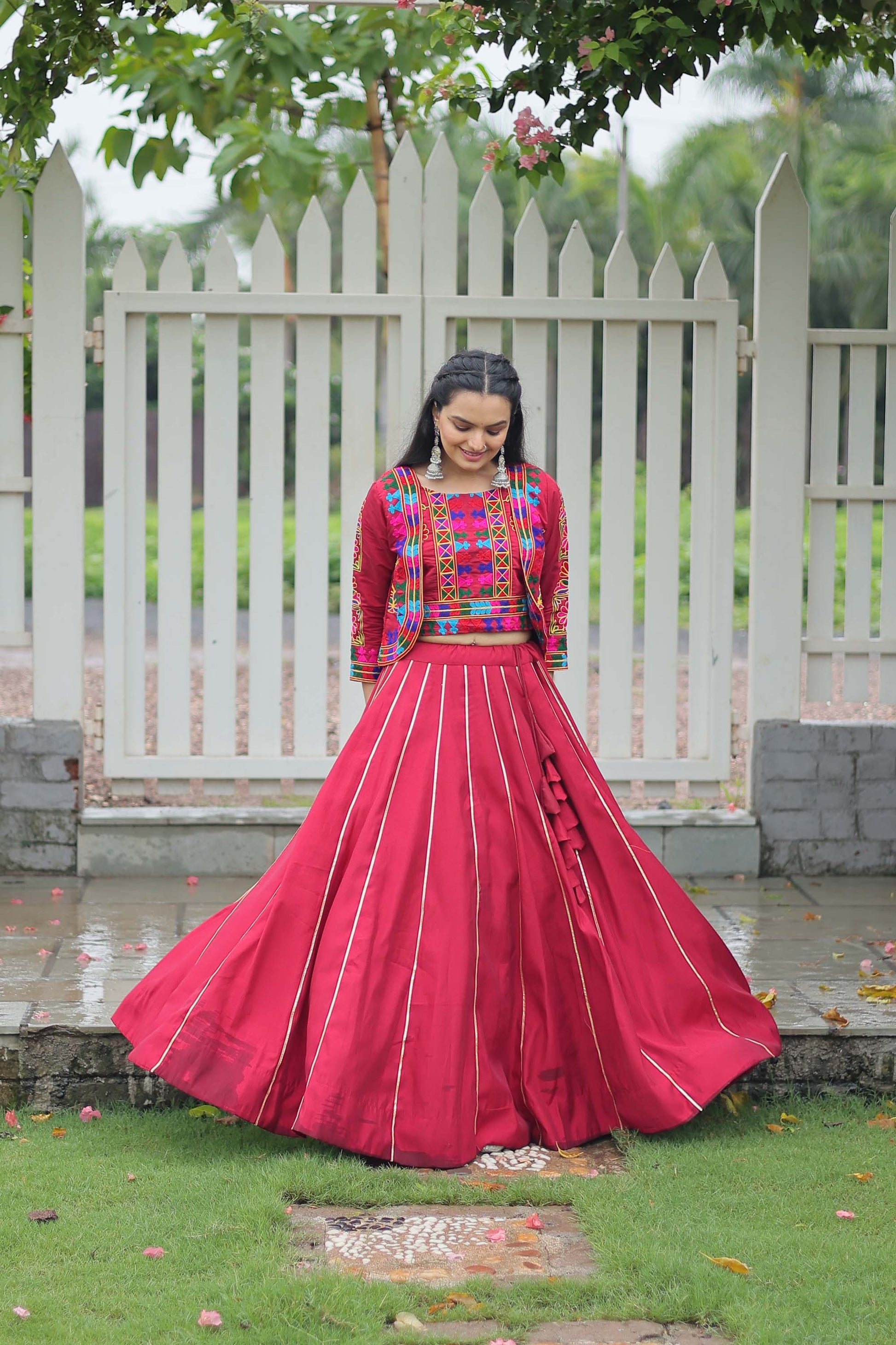 Lorenvalley Fashion Maroon Roman Silk with Attractive Gota-Patti Lace Lehenga Choli | Swadesiicart