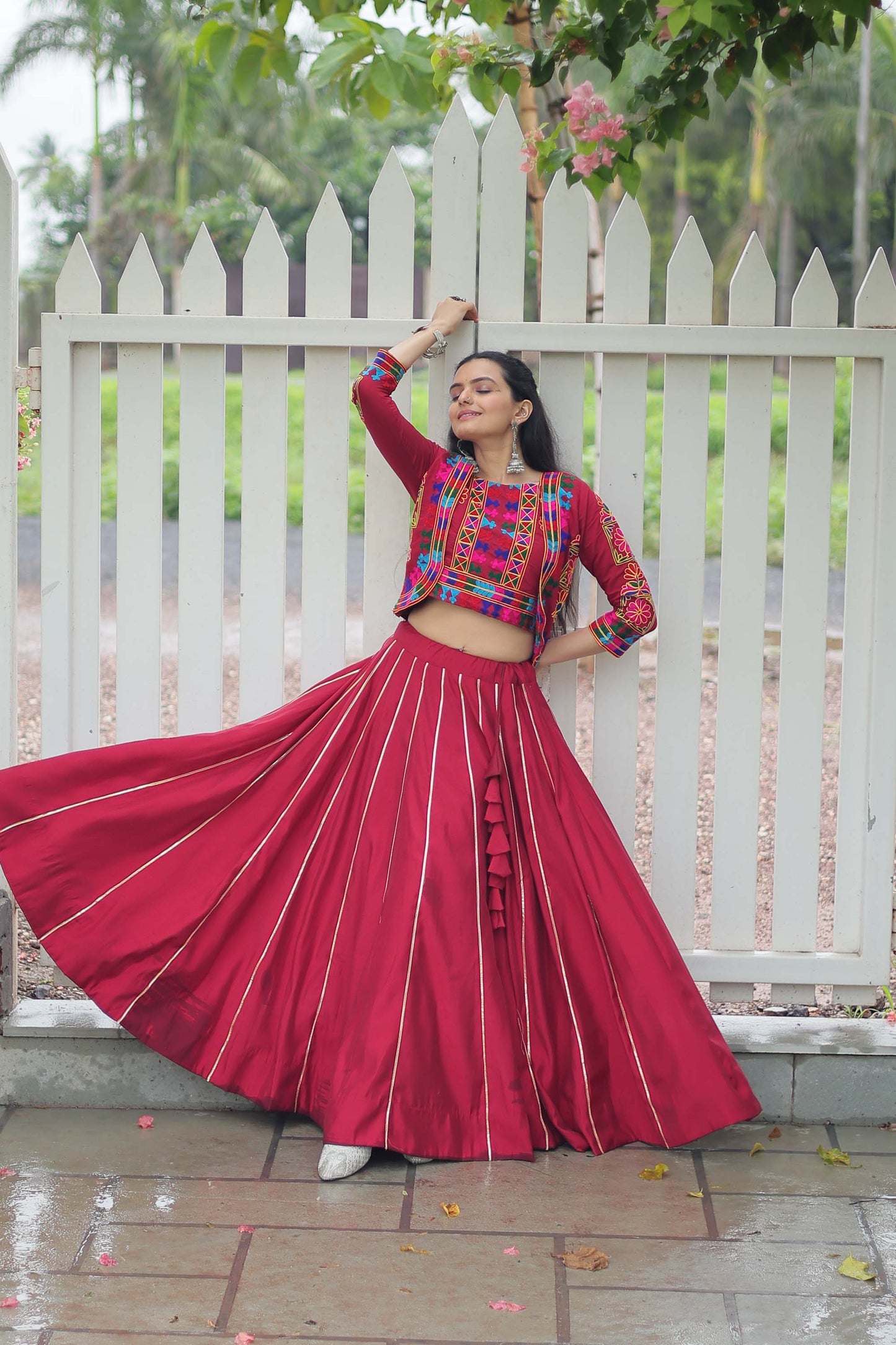 Lorenvalley Fashion Maroon Roman Silk with Attractive Gota-Patti Lace Lehenga Choli | Swadesiicart
