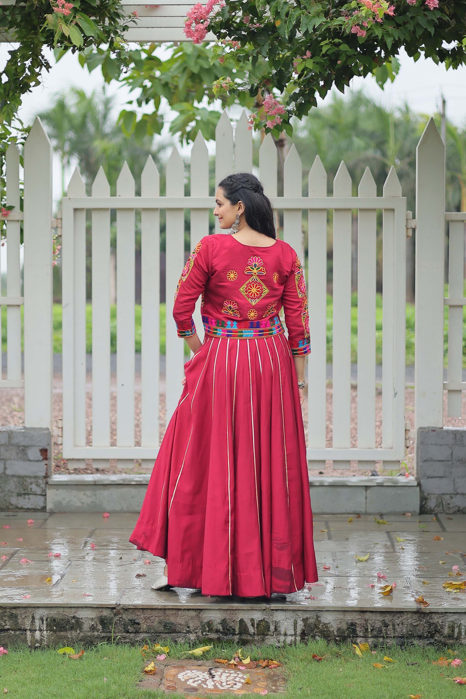Lorenvalley Fashion Maroon Roman Silk with Attractive Gota-Patti Lace Lehenga Choli | Swadesiicart