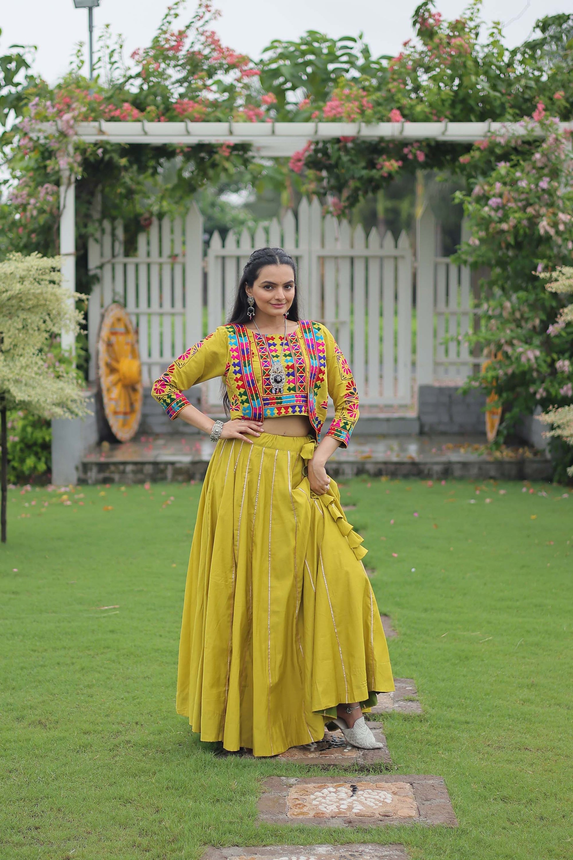 Lorenvalley Fashion Parotgreen Roman Silk with Attractive Gota-Patti Lace Lehenga Choli | Swadesiicart