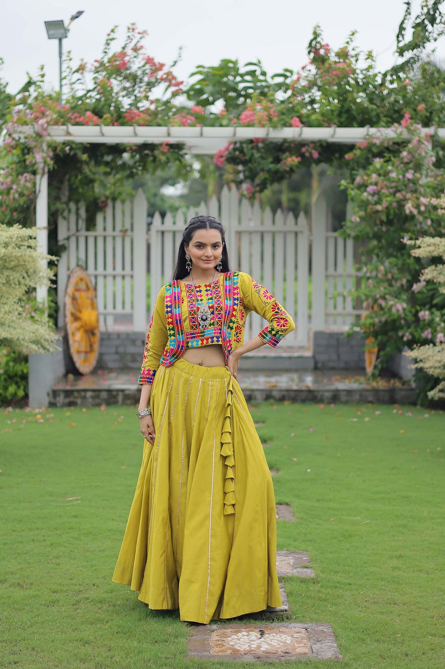 Lorenvalley Fashion Parotgreen Roman Silk with Attractive Gota-Patti Lace Lehenga Choli | Swadesiicart