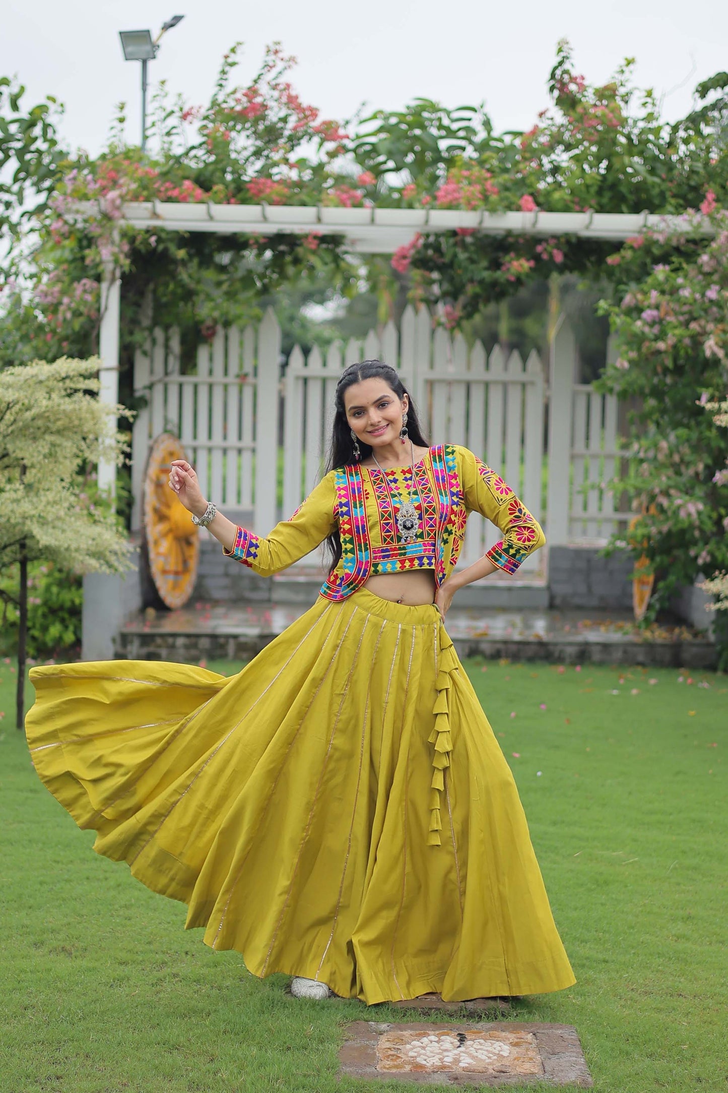 Lorenvalley Fashion Parotgreen Roman Silk with Attractive Gota-Patti Lace Lehenga Choli | Swadesiicart