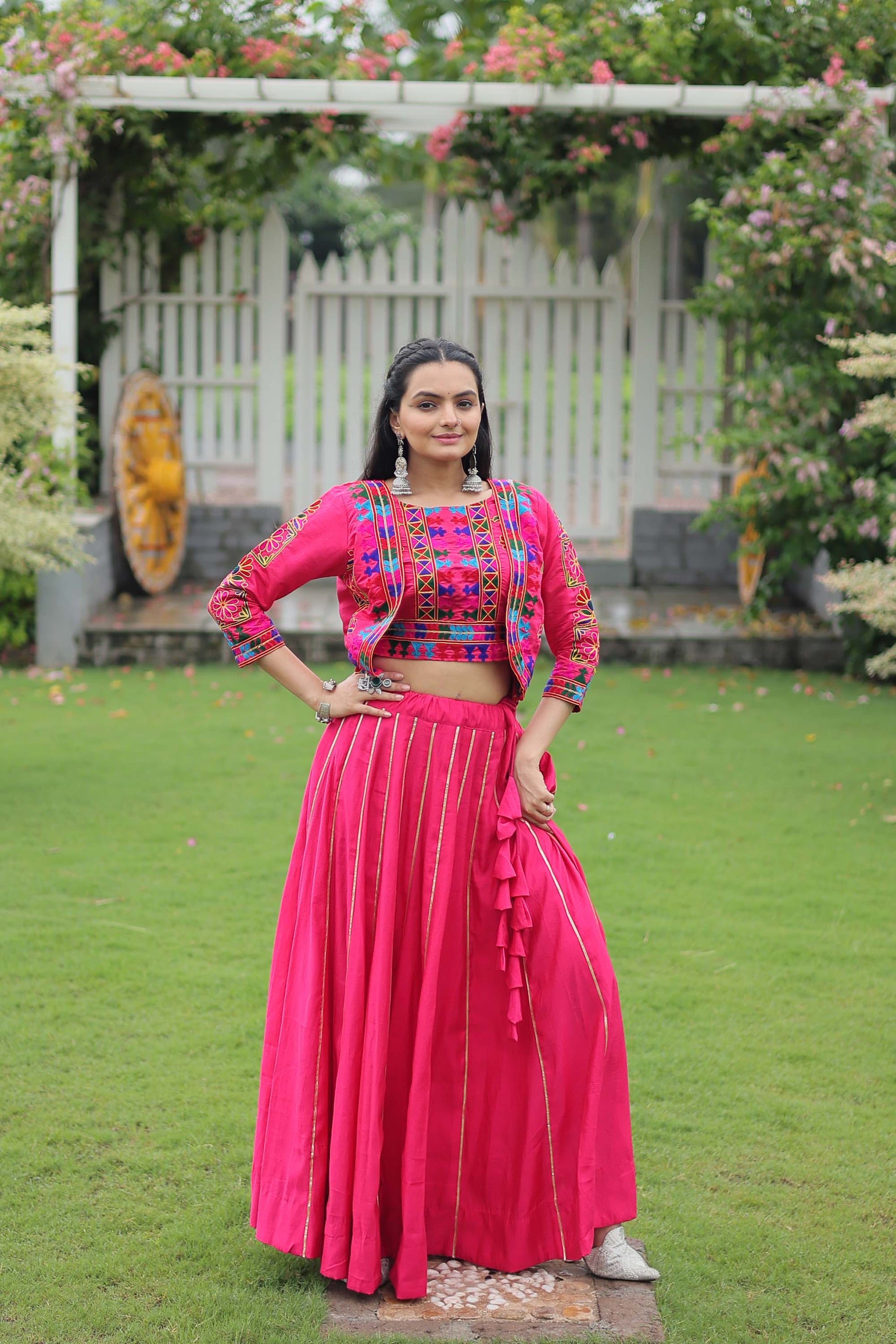 Lorenvalley Fashion Pink Roman Silk with Attractive Gota-Patti Lace Lehenga Choli | Swadesiicart