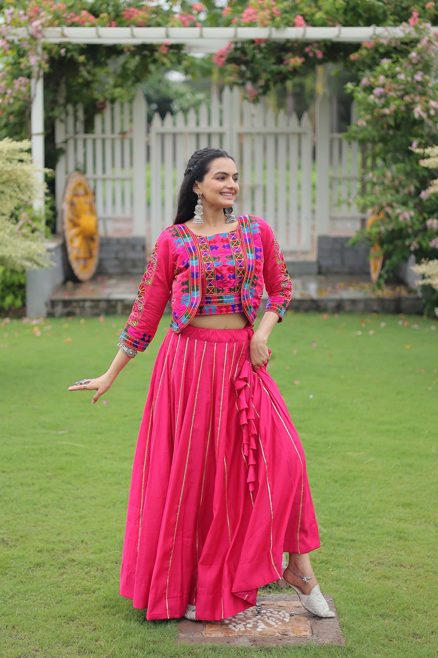 Lorenvalley Fashion Pink Roman Silk with Attractive Gota-Patti Lace Lehenga Choli | Swadesiicart