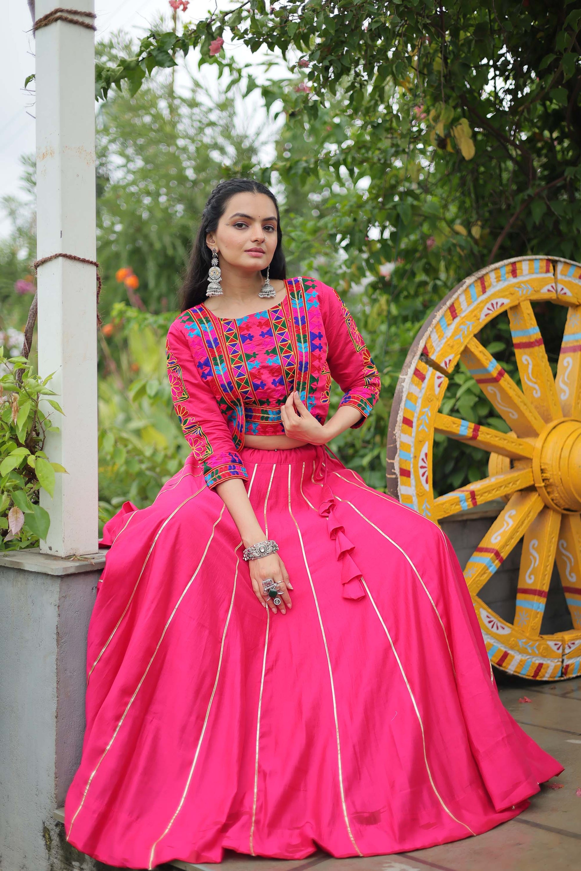 Lorenvalley Fashion Pink Roman Silk with Attractive Gota-Patti Lace Lehenga Choli | Swadesiicart
