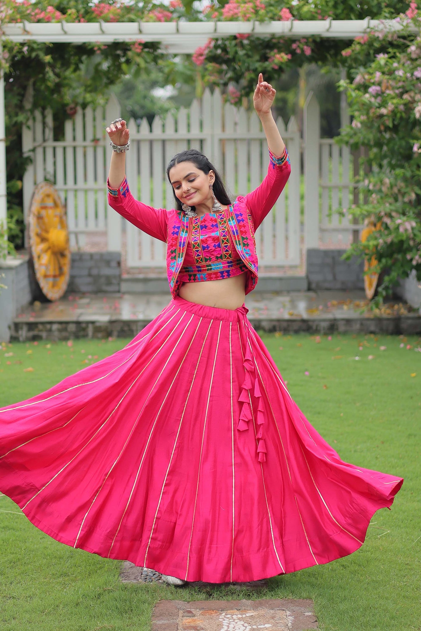 Lorenvalley Fashion Pink Roman Silk with Attractive Gota-Patti Lace Lehenga Choli | Swadesiicart
