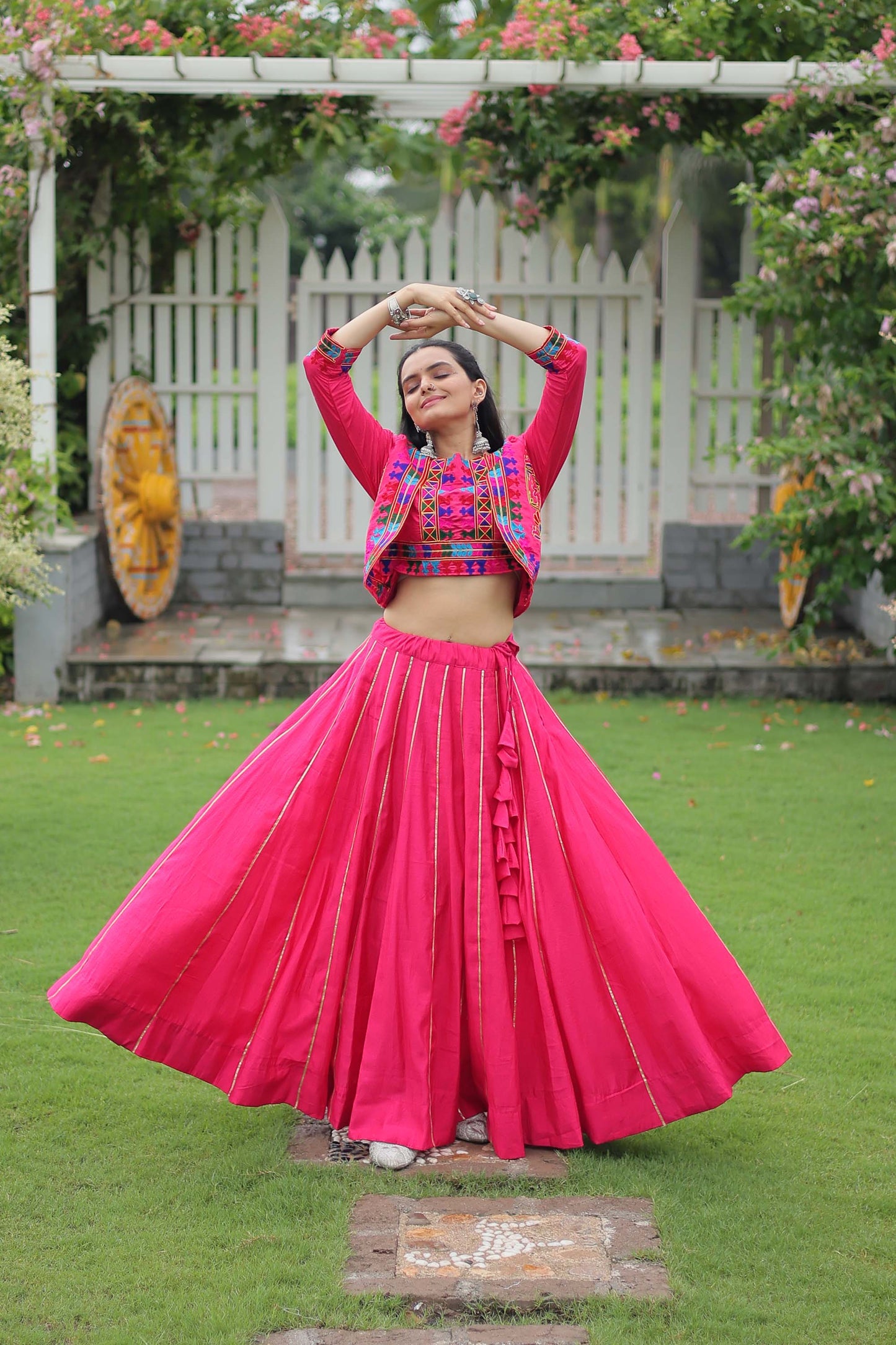 Lorenvalley Fashion Pink Roman Silk with Attractive Gota-Patti Lace Lehenga Choli | Swadesiicart