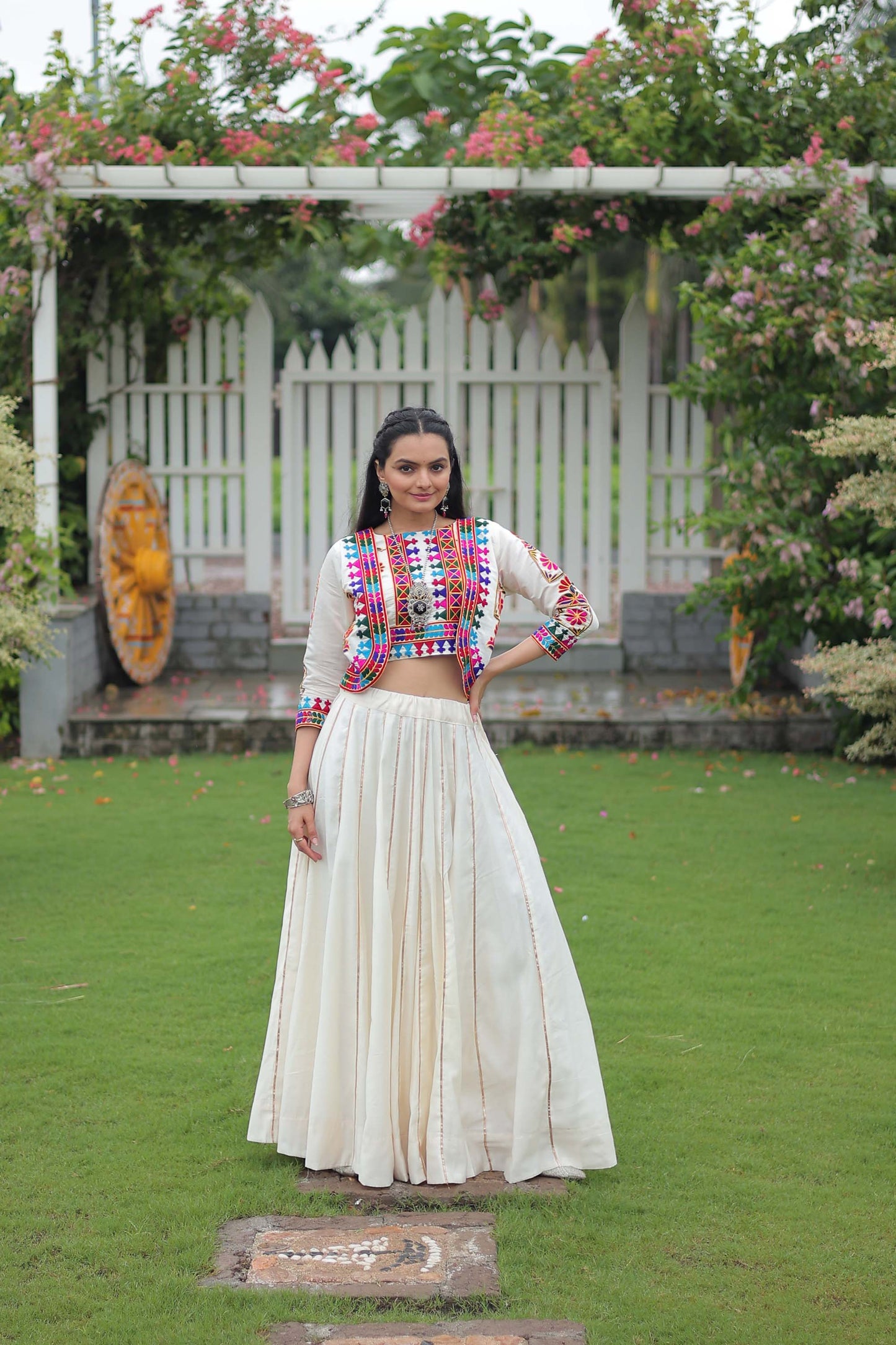 Lorenvalley Fashion White Roman Silk with Attractive Gota-Patti Lace Lehenga Choli | Swadesiicart