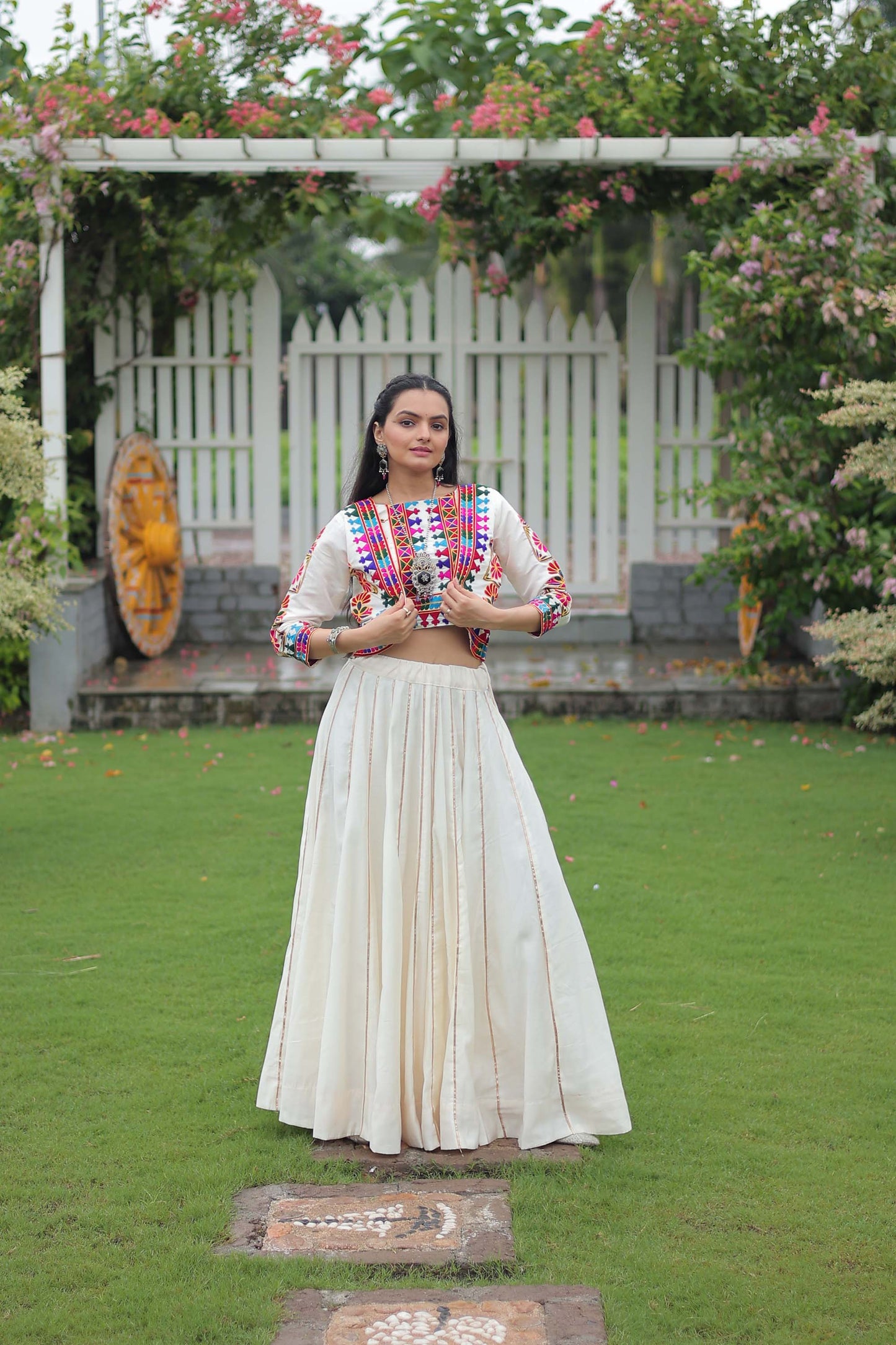 Lorenvalley Fashion White Roman Silk with Attractive Gota-Patti Lace Lehenga Choli | Swadesiicart