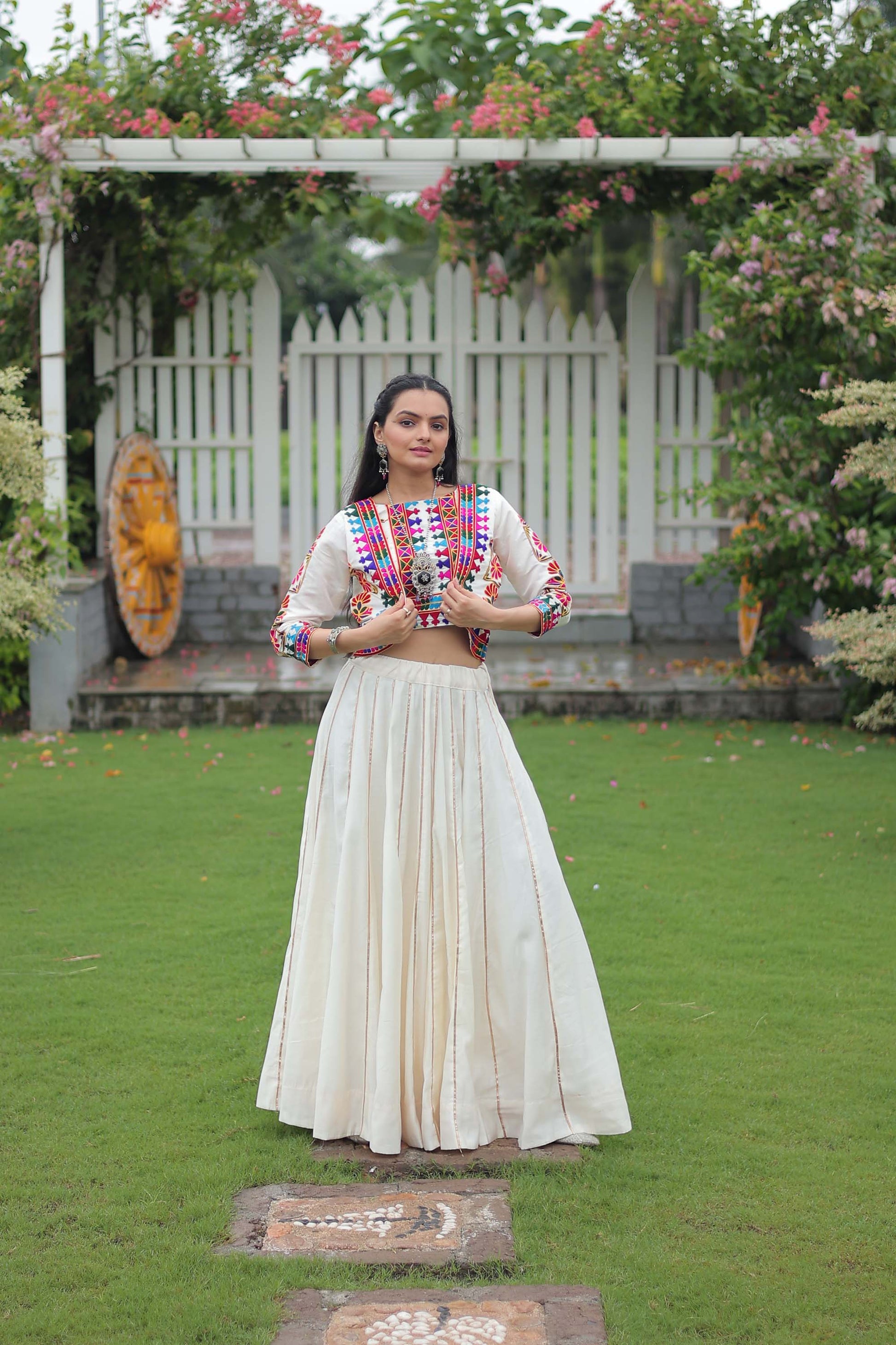 Lorenvalley Fashion White Roman Silk with Attractive Gota-Patti Lace Lehenga Choli | Swadesiicart