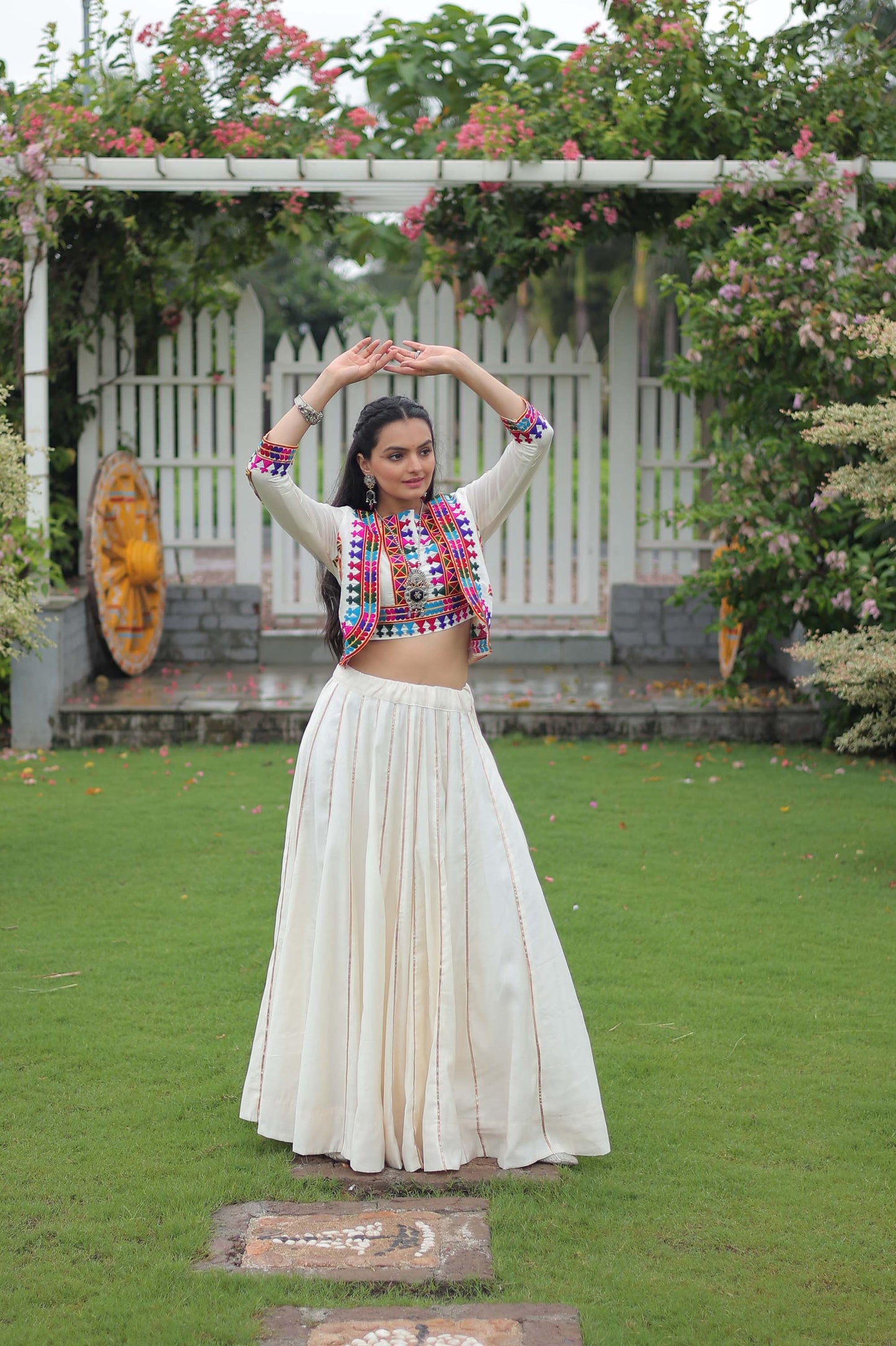 Lorenvalley Fashion White Roman Silk with Attractive Gota-Patti Lace Lehenga Choli | Swadesiicart