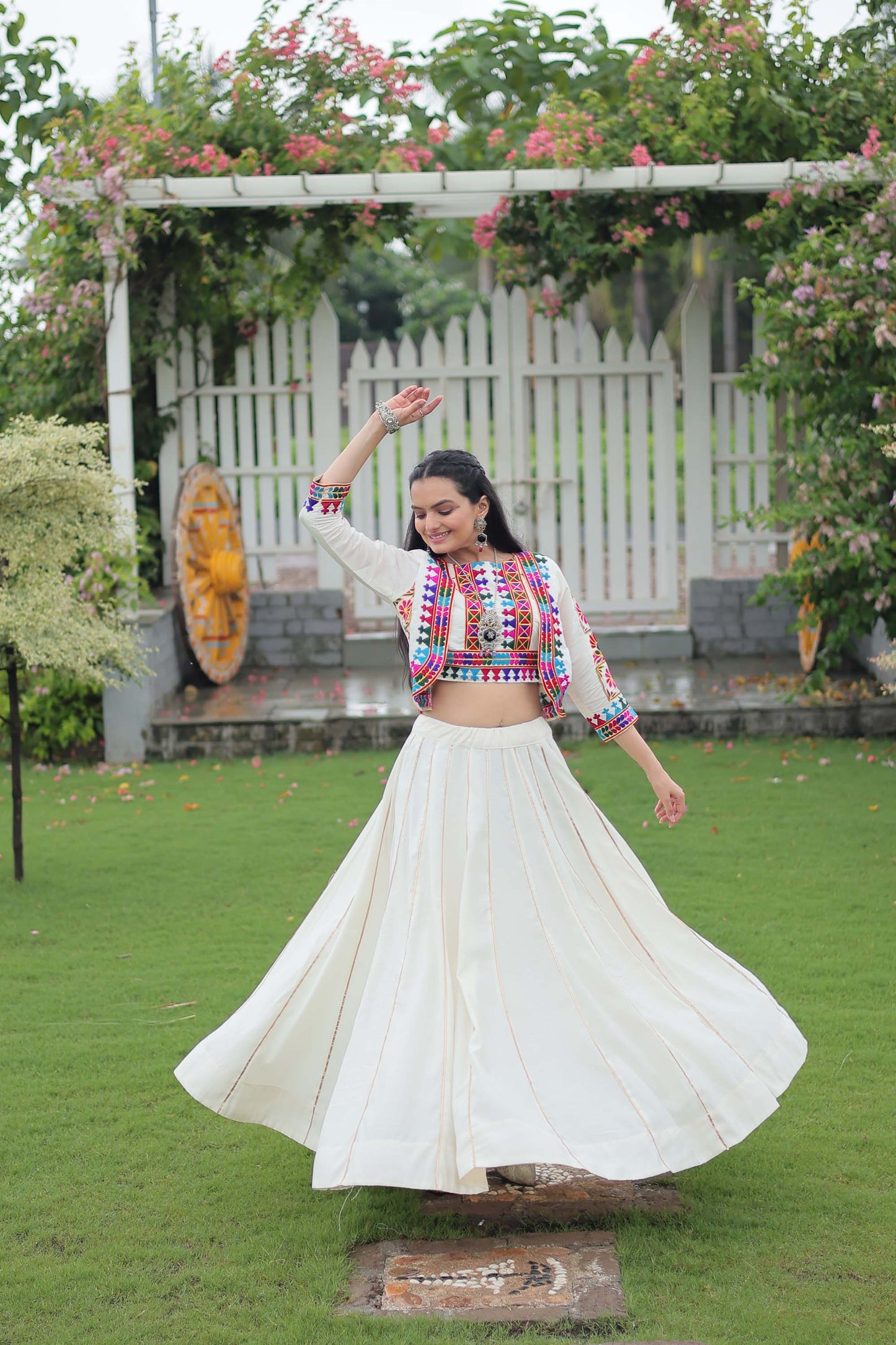 Lorenvalley Fashion White Roman Silk with Attractive Gota-Patti Lace Lehenga Choli | Swadesiicart